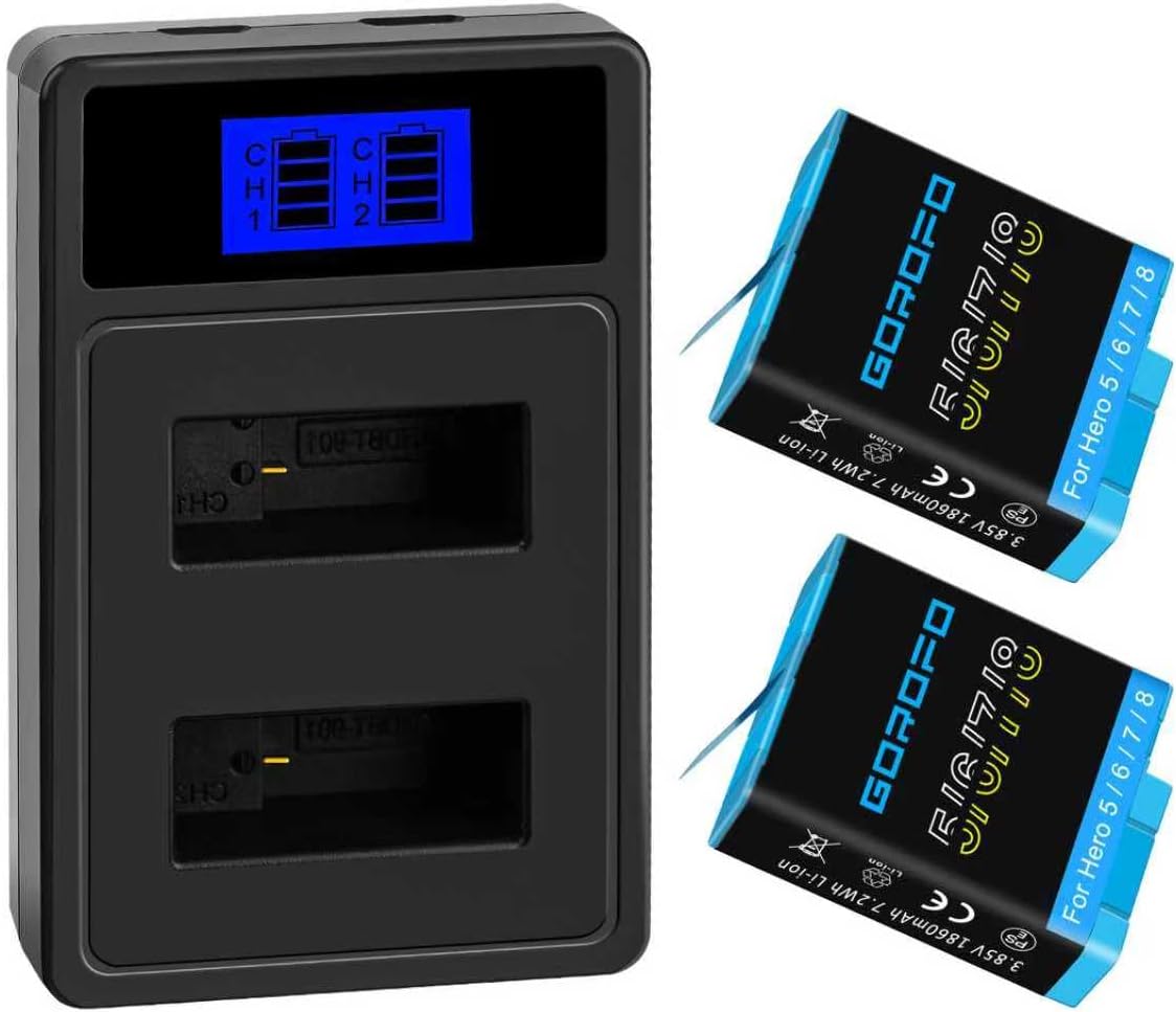 2-Pack Hero 8/7/6/5 1860mAh Replacement Batteries and Charger, for GoPro Hero 8/7/6/5, Fully Compatible with Original GoPro Batteries,Camera Power for Action Photography, Vlogging and Travel