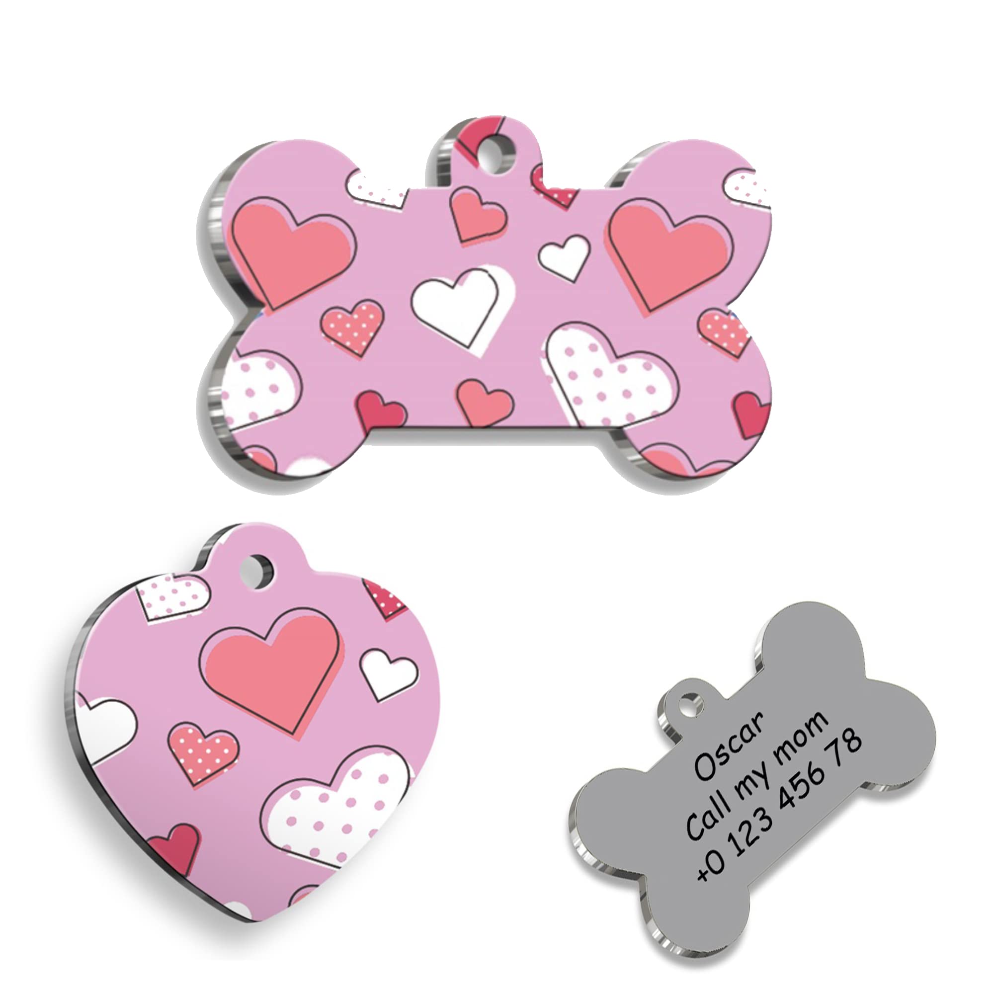 Pink Hearts Personalized Dog Tag - Custom Name Tag - ID Tag for Dog & Cat - Customized Pet Tags - Dog & Cat Name id Tag - Dog Name Tag - Engraved Dog Tag (Bone)