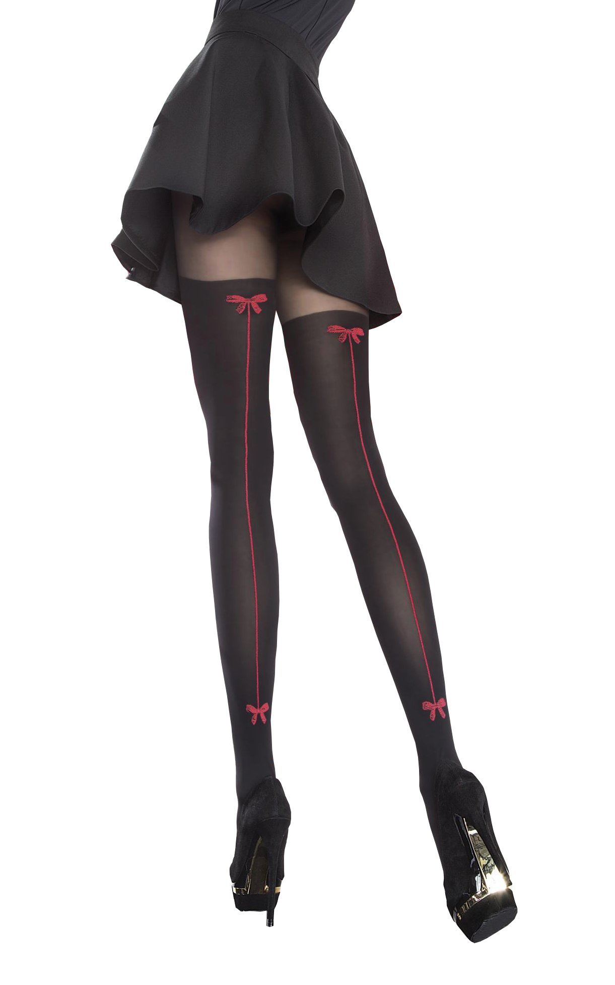 Fiore Tights 40 Denier, Black with Red Decorative Stitching with Bows T2