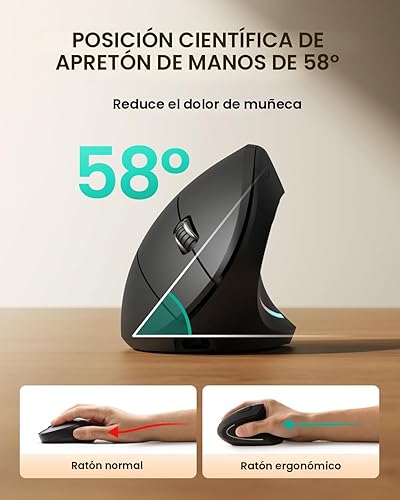 Miniatura 2 de Ratón ergonómico inalámbrico recargable, conexión Bluetooth+USB A+Tipo C (3 en 1), 5 niveles hasta 4800 DPI, 6 botones silenciosos, ratones
