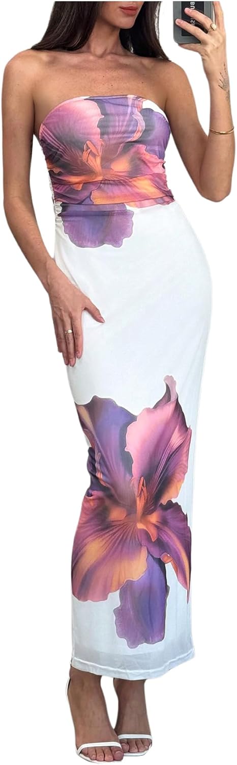 Milumia Women's Floral Strapless Bodycon Maxi Dress Summer Mesh Tube Top Dresses