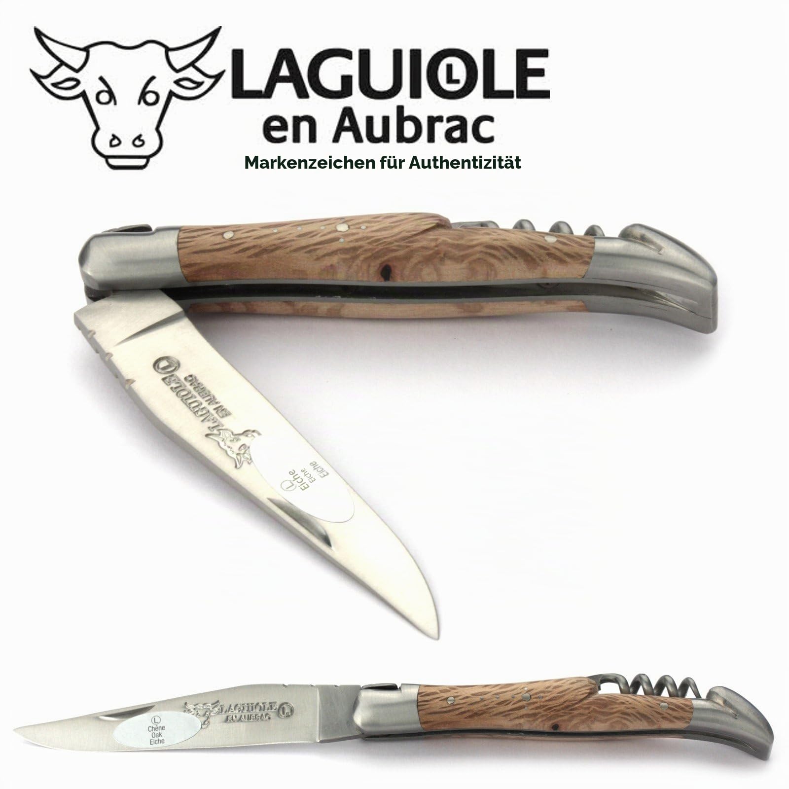 Laguiole en Aubrac Taschenmesser mit Korkenzieher L0311GOIS 11 cm, Griffschalen Grüne Eiche, Klinge 9 cm matt, Backen matt