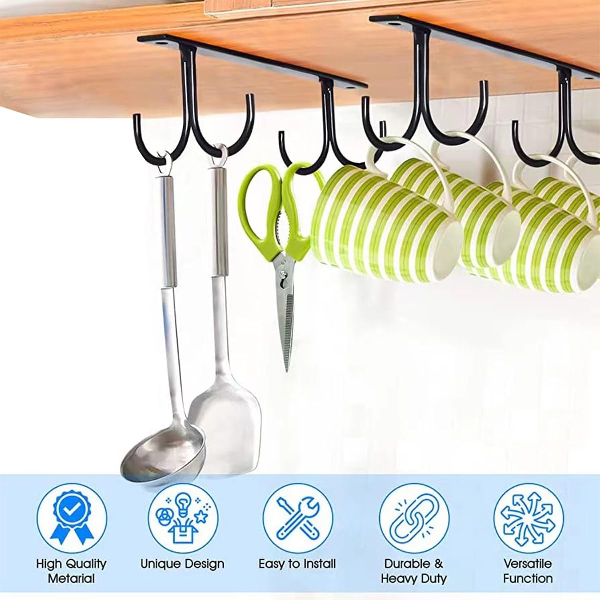 Collenatsy Mug Hooks Under Cabinet 2 Pack,Display Hanging Storage Hook for Mugs/Coffee Cups/Kitchen Utensils, Black - Image 4