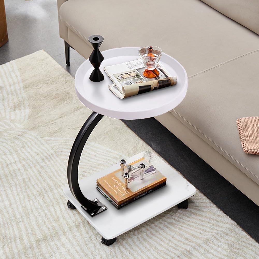 Zucng Sofa Side Table, Narrow Side Table C Shaped Sofa End Table with Metal Frame, Coffee Snack Couch Table for Living Room, Bedroom, Bedside (White, Circle)