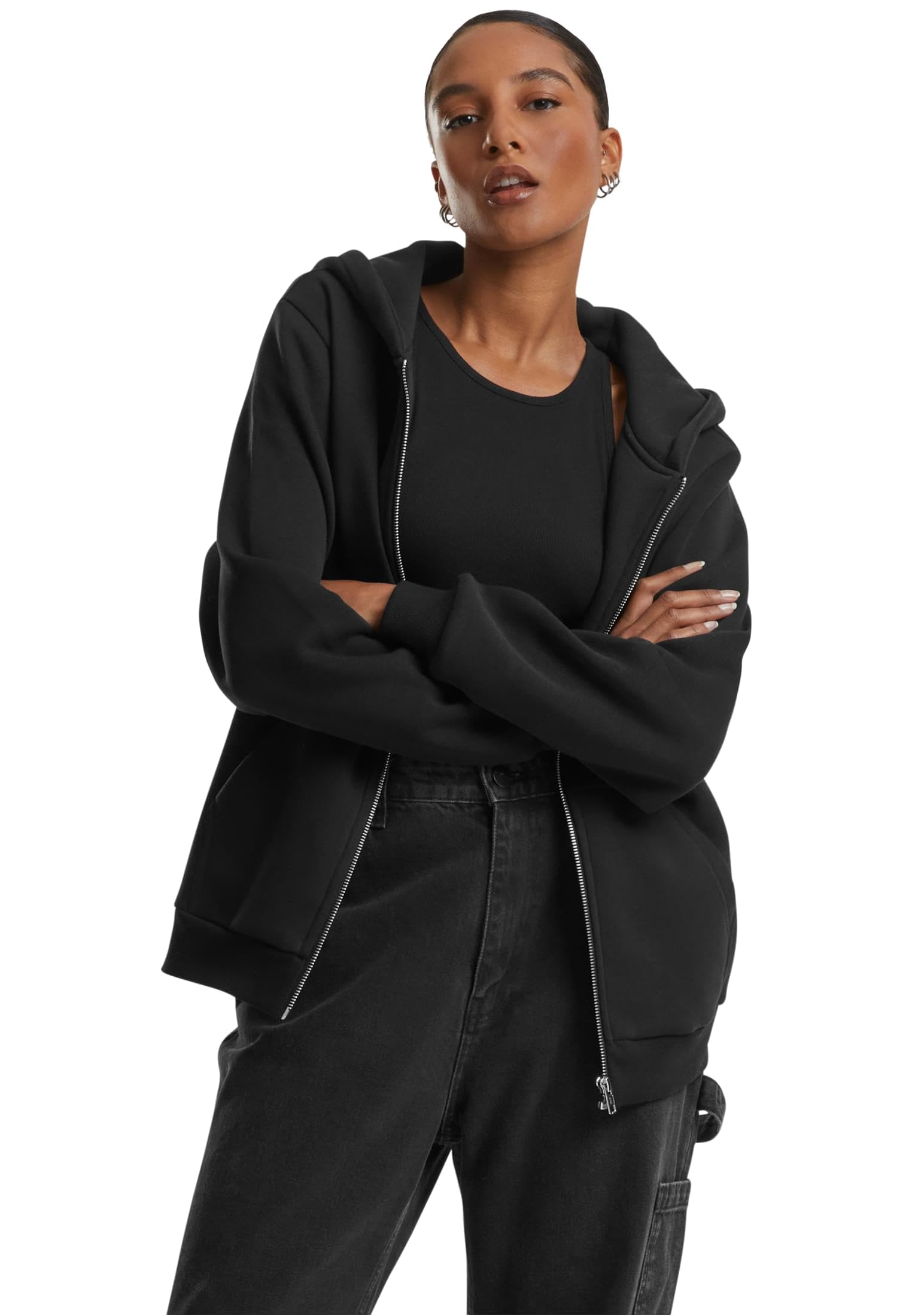 Urban Classics Damska bluza z kapturem, puszysta bluza z kapturem, z zamkiem b?yskawicznym, lu?ny krój, czarny, 4XL