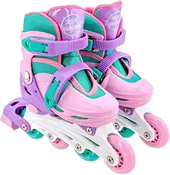 Kit Patins Infantil com Acessórios de Segurança Rosa Claro com Capacete e Protetores Patins 4 Rodas para Crianças- Tam. 30-33