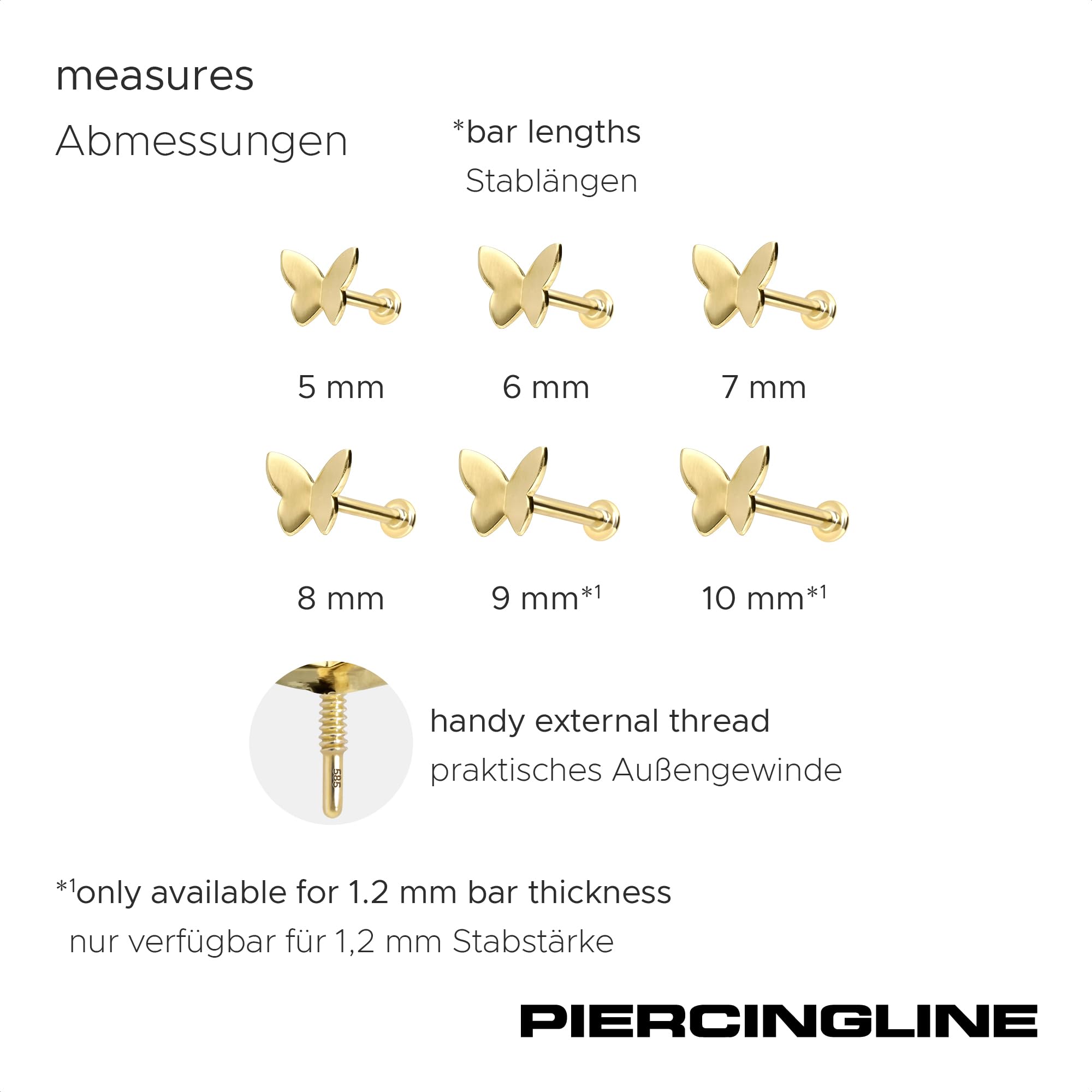 PIERCINGLINE 14 Karat Gold Ohr-Piercing Labret mit Innengewinde SCHMETTERLING
