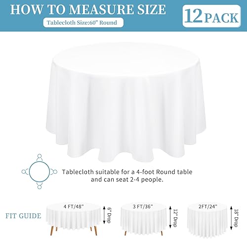 Miniatura 3 de Paquete de 12 manteles redondos blancos de poliéster de 60 pulgadas, tela lavable, resistente a las manchas y a las arrugas, ropa de mesa redonda
