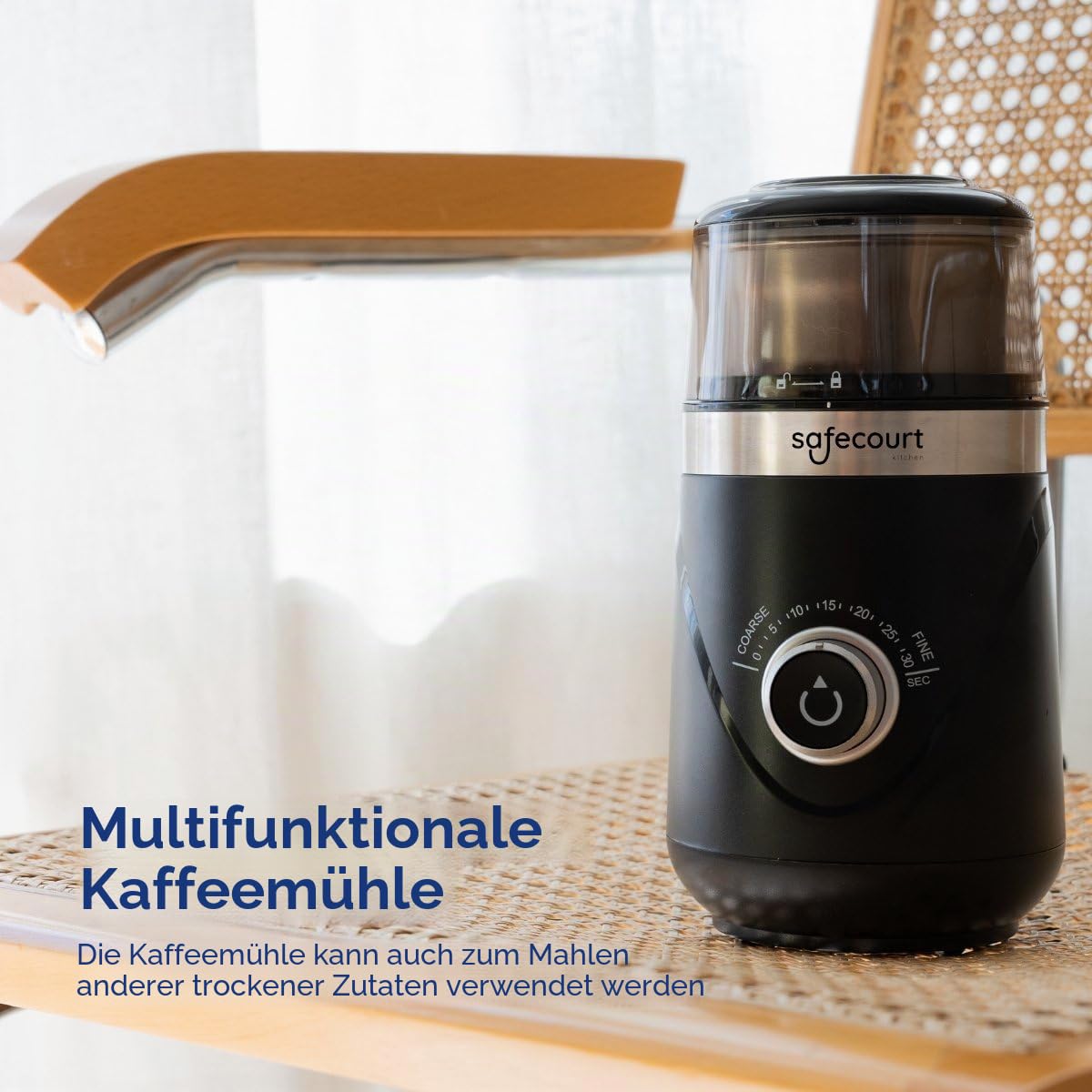 Safecourt Kaffeemühle Elektrisch, Automatisch getaktetes Präzisionsmahlwerk,Gewürzmühle mit Edelstahlklingen für Kaffeebohnen, trockene Zutaten, leises Mahlen, 80g abnehmbar