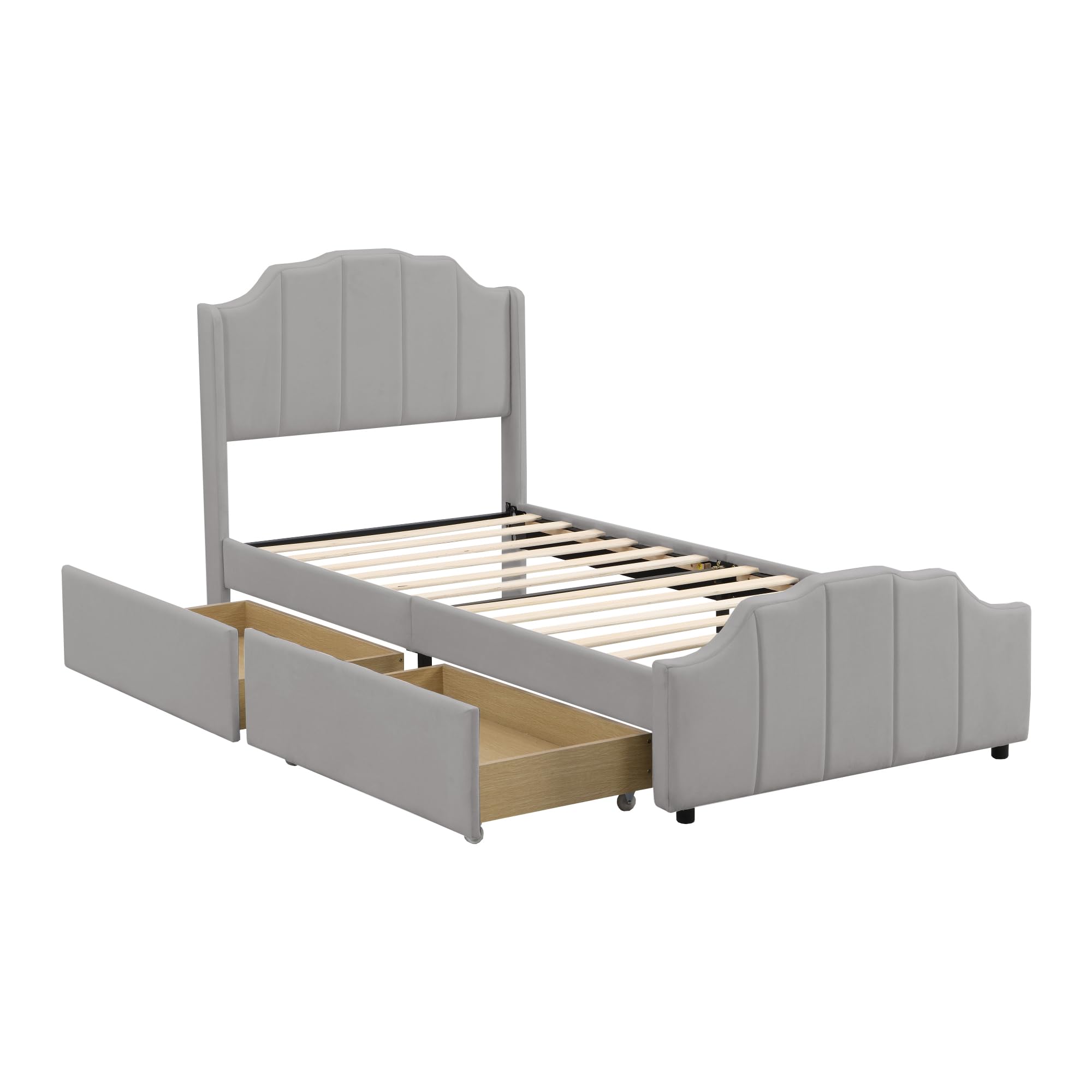 Letto imbottito 90 x 200 cm, con 2 cassetti portaoggetti con testiera, poggiapiedi e rete a doghe in velluto, letto matrimoniale imbottito per ragazzi e ragazzi, colore: grigio