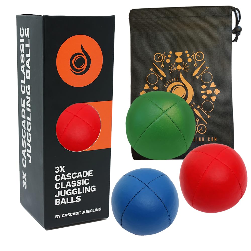 Cascade Juggling 3 x Pro 115g Cascade Classic Juggling Balls - Thud Juggling Balls & Bag - Set of 3 Juggling Balls (Red, Blue, Green)