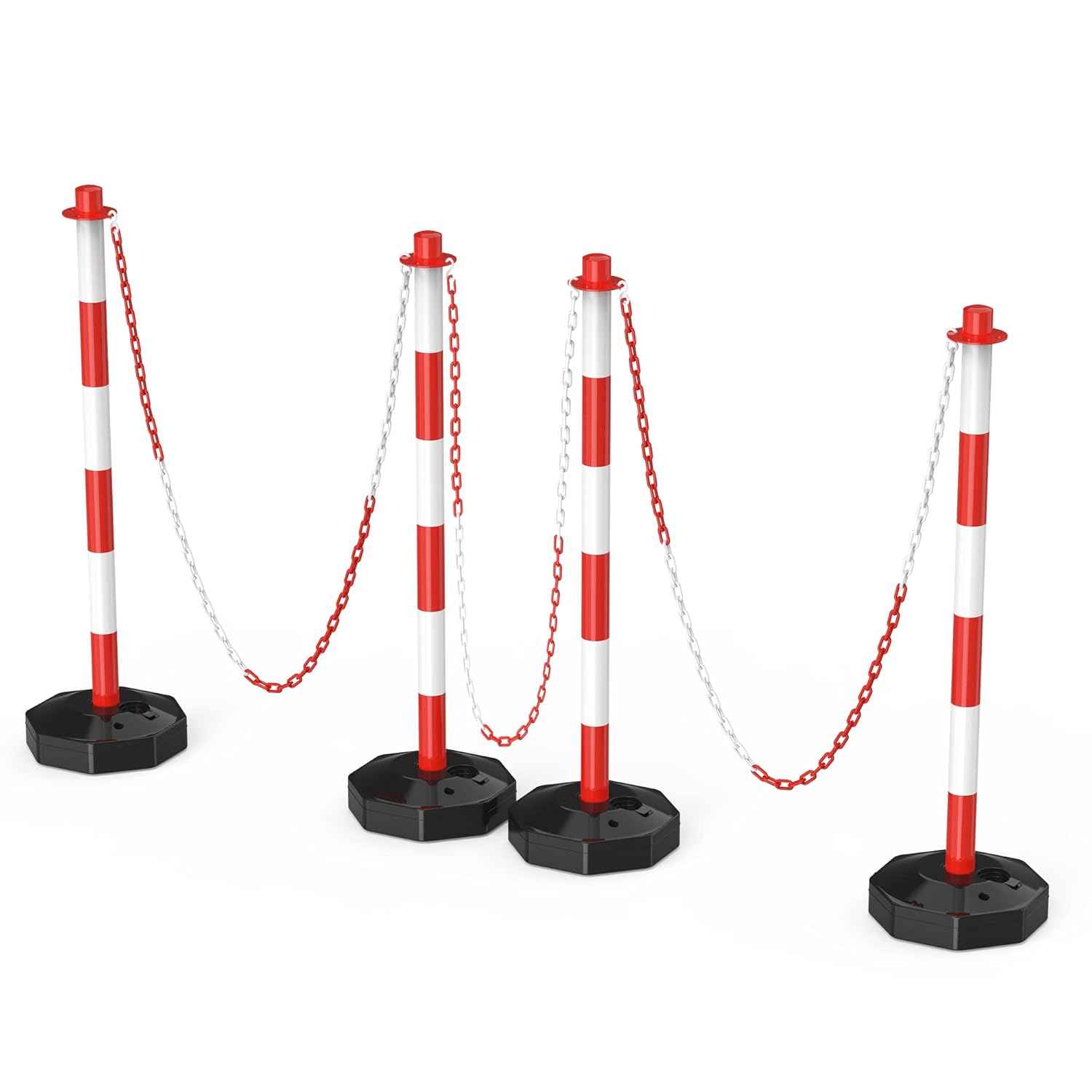 4 Pack Traffic Delineator Post Cones with Fillable Base, Adjustable Plastic Safety Barrier with 5Ft Plastic Chain, Outdoor and Indoor Crowd Control Stanchion for Traffic Control and Warning