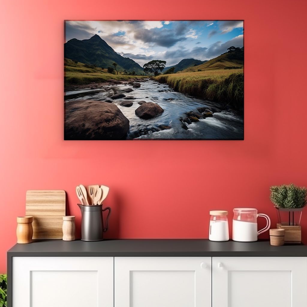 Canvas for Living room. Riverside Tranquility: Where Nature's Grace Meets the Majesty of Mountains, 27 x 18 inch Canvas Wall Art - Modern Home Decor - 69x46 cm (27x18 inch)