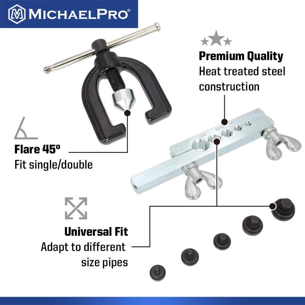MichaelPro MP009090 Single and Double Flaring Tool Kit with Extra Adapters- Use on Aluminum, Copper, Soft Steel Brake Line and Brass Tubing