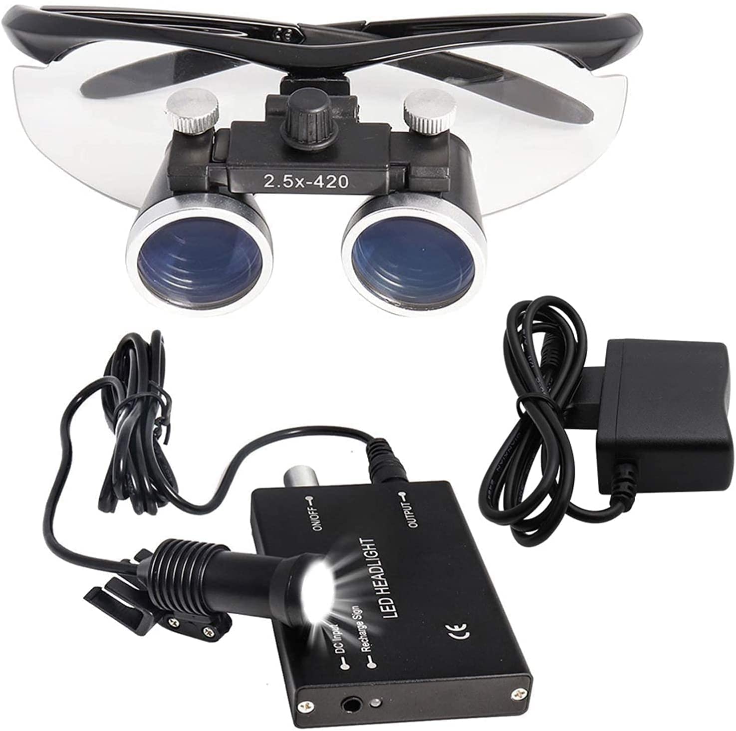 SAFWEL Loupes Dentaires, Loupe Dentaire 420mm, Loupe De Phare LED 5W, Lumière De Loupe Chirurgicale,Noir,2.5X