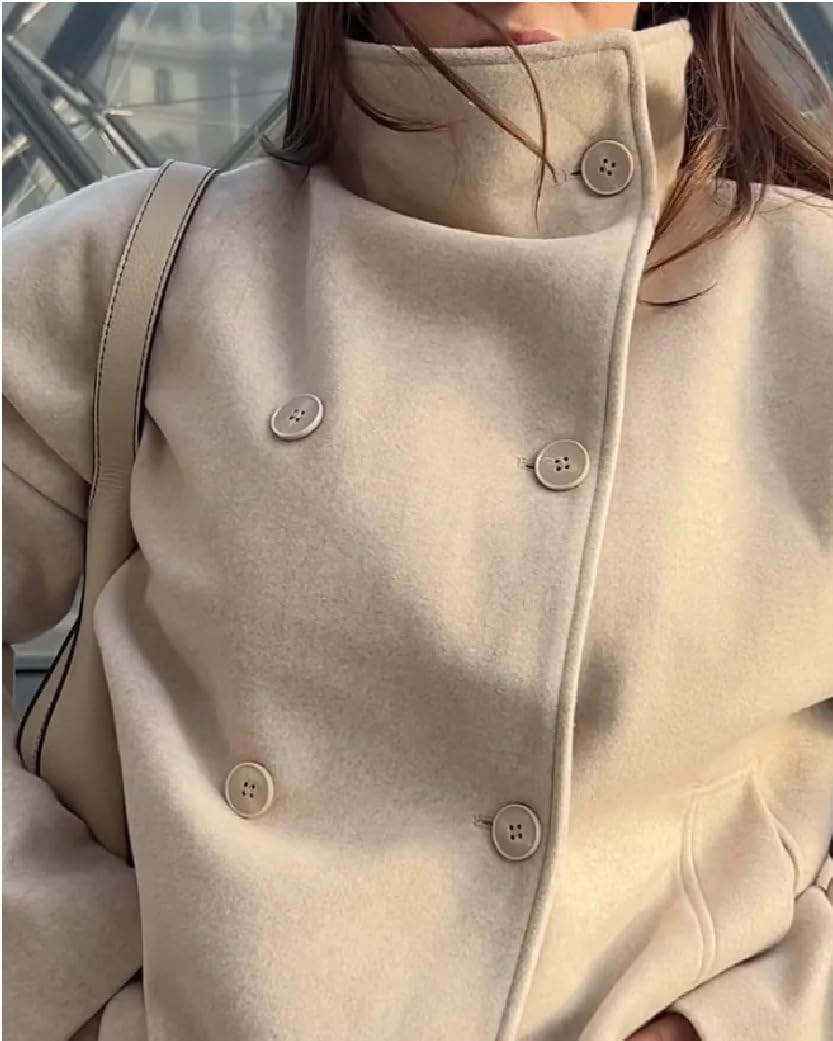 utcoco Women's Cropped Peacoat Double Breasted Lapel Short Wool Blend Winter Jacket Overcoat - Image 4