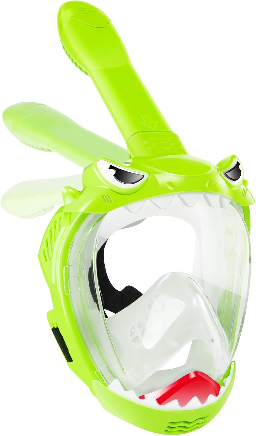 full face snorkel mask for kids with 180° panoramic view, snorkeling set featuring anti-leak and anti-fog foldable dry top design for safe underwater adventures snorkeling gear for kids green