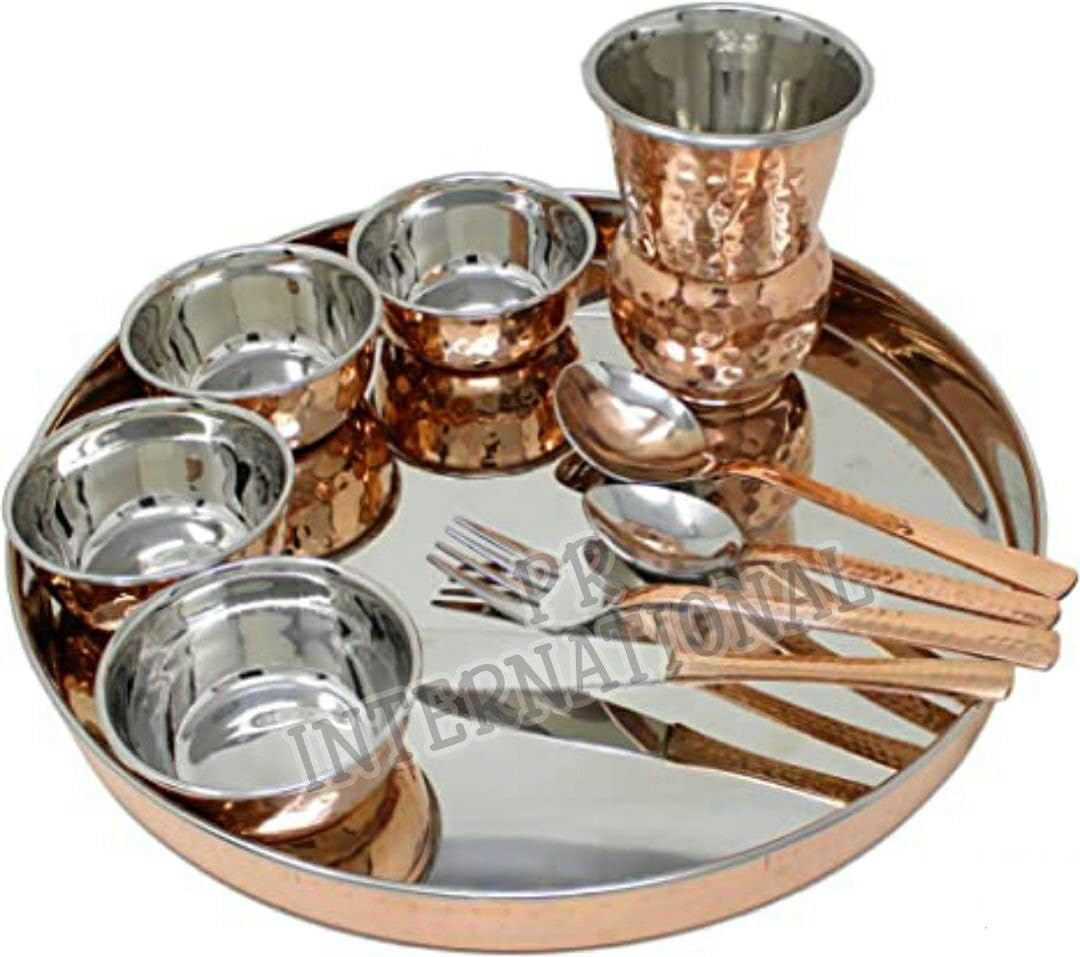 PR INTERNATIONAL Dinnerware Copper Traditional Dinner Set of Thali Plate, Bowls, Fork, Glass Spoon and Serving Spoon - Image 2