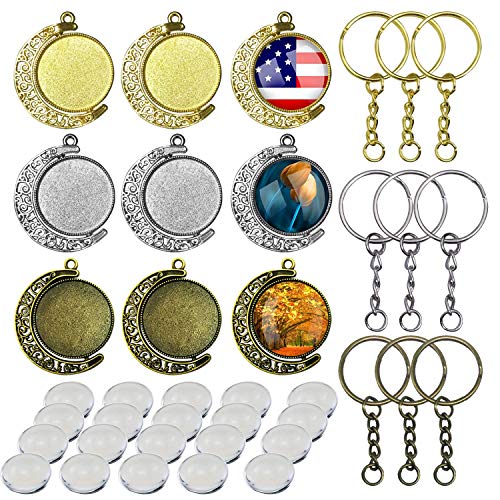 Allazone 36 Pz Bisel de Joyería Colgantes Cabujón con Domo de Vidrio, Colgante Bisel Redondos de Luna Giratoria Doble Cara, Hebilla Colgante para Hacer Joyas, Manualidades, Collares, Llaveros