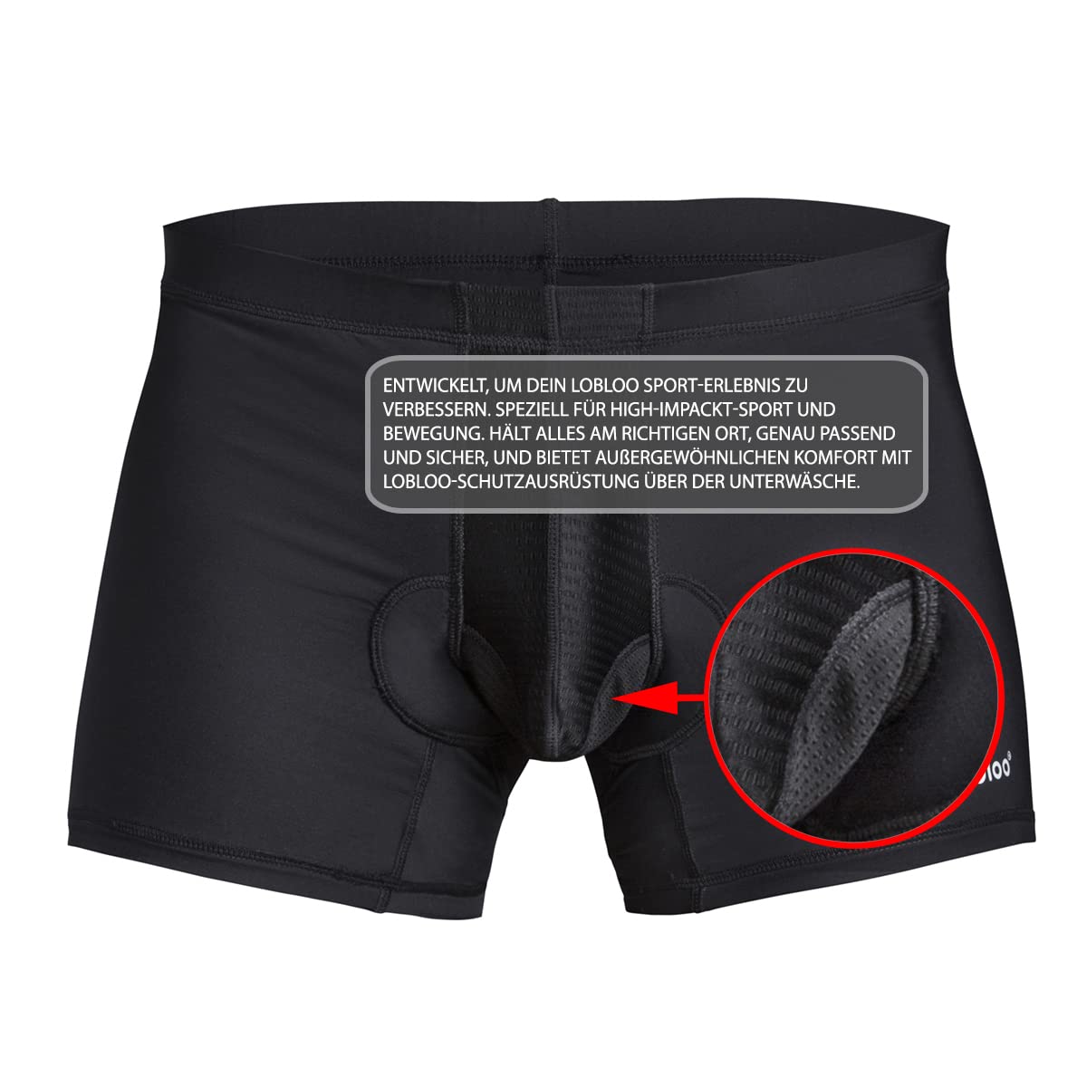 lobloo Schutz-Unterwäsche mit Reverse-System für Herren, Tiefschutz/Suspensorium auf der Außenseite, Gefüttert, mit Kompression für ultimativen Genital-Schutz, Farbe: Schwarz, Größen: XS-XL