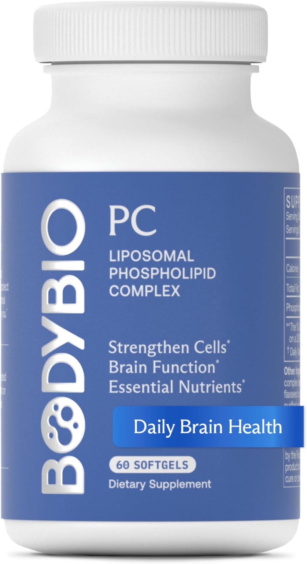 BodyBio - PC Phosphatidylcholine + Phospholipids - Liposomal for High Absorption - Optimal Brain & Cell Health - Boost Memory, Cognition, Focus & Clarity - 100% Non-GMO - 60 Softgels
