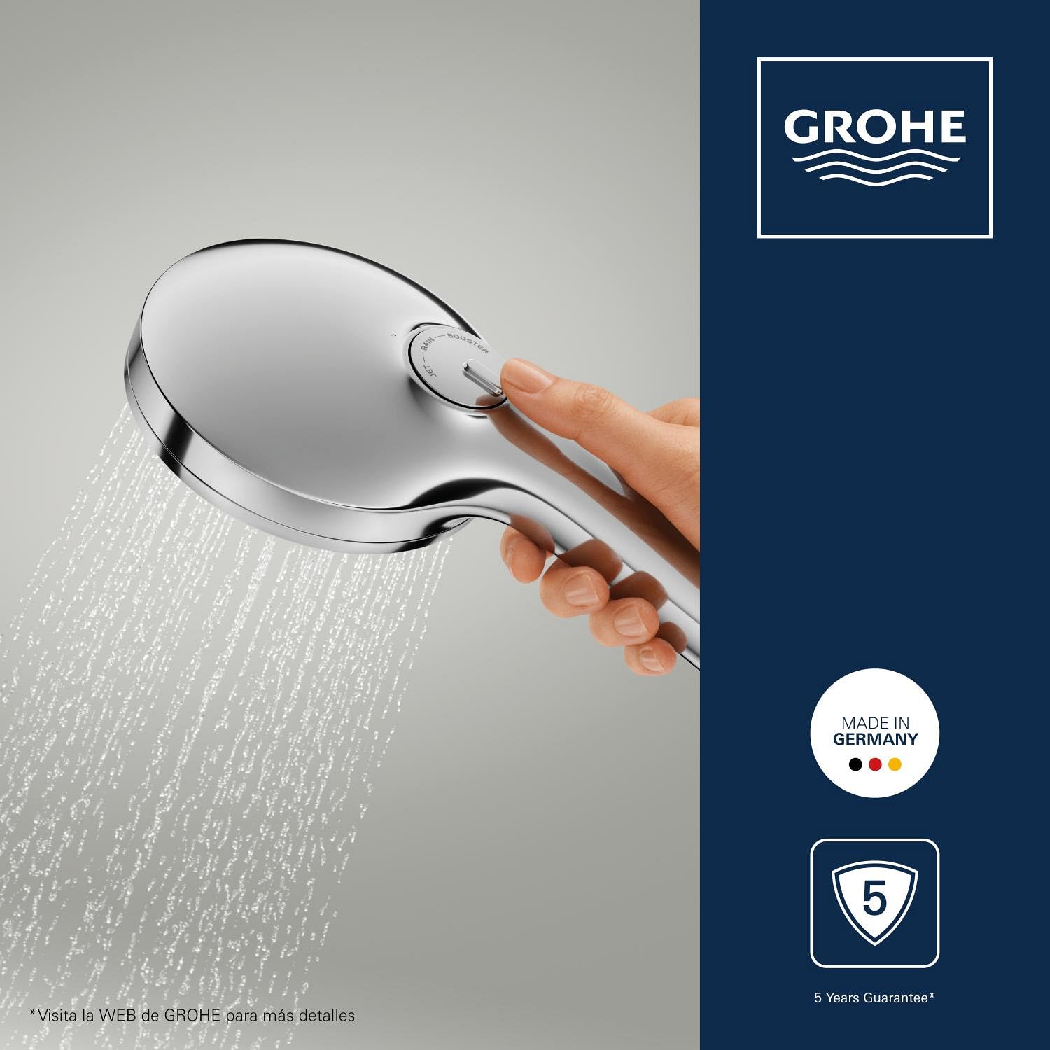 Set Alcachofa de Ducha y Soporte Pared GROHE Vitalio Joy+ 120 (Ø120mm, 3 chorros, ahorro 6,3 l/min, antiquemaduras, manguera de ducha 1,5m), Cromo, 1348650000