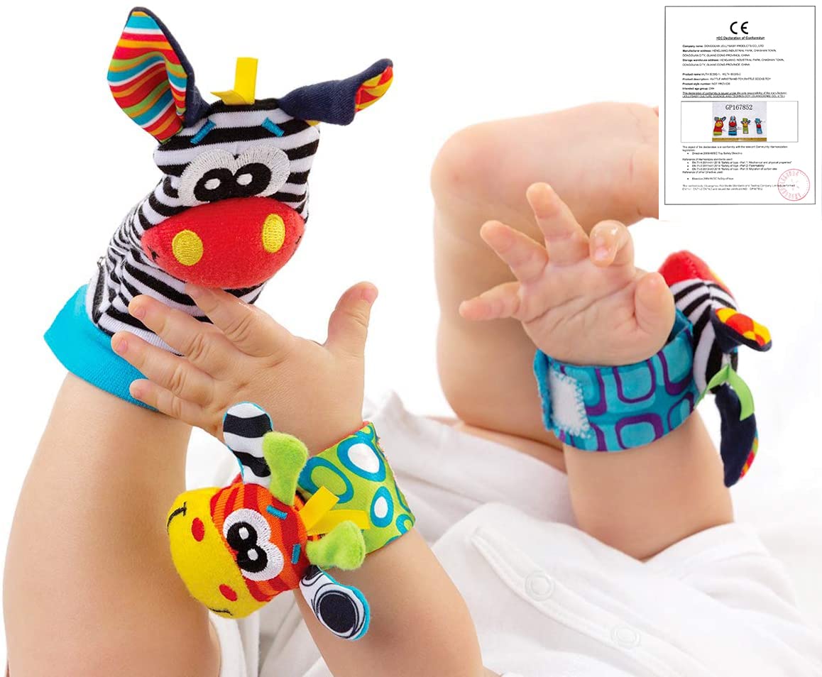 Giochi Neonato Sonagli Sensoriali per Bambini, Calzini da Polso Simpatici Animaletti Developmental Soft Toys Bambole per Neonati Neonato, 4 Pezzi