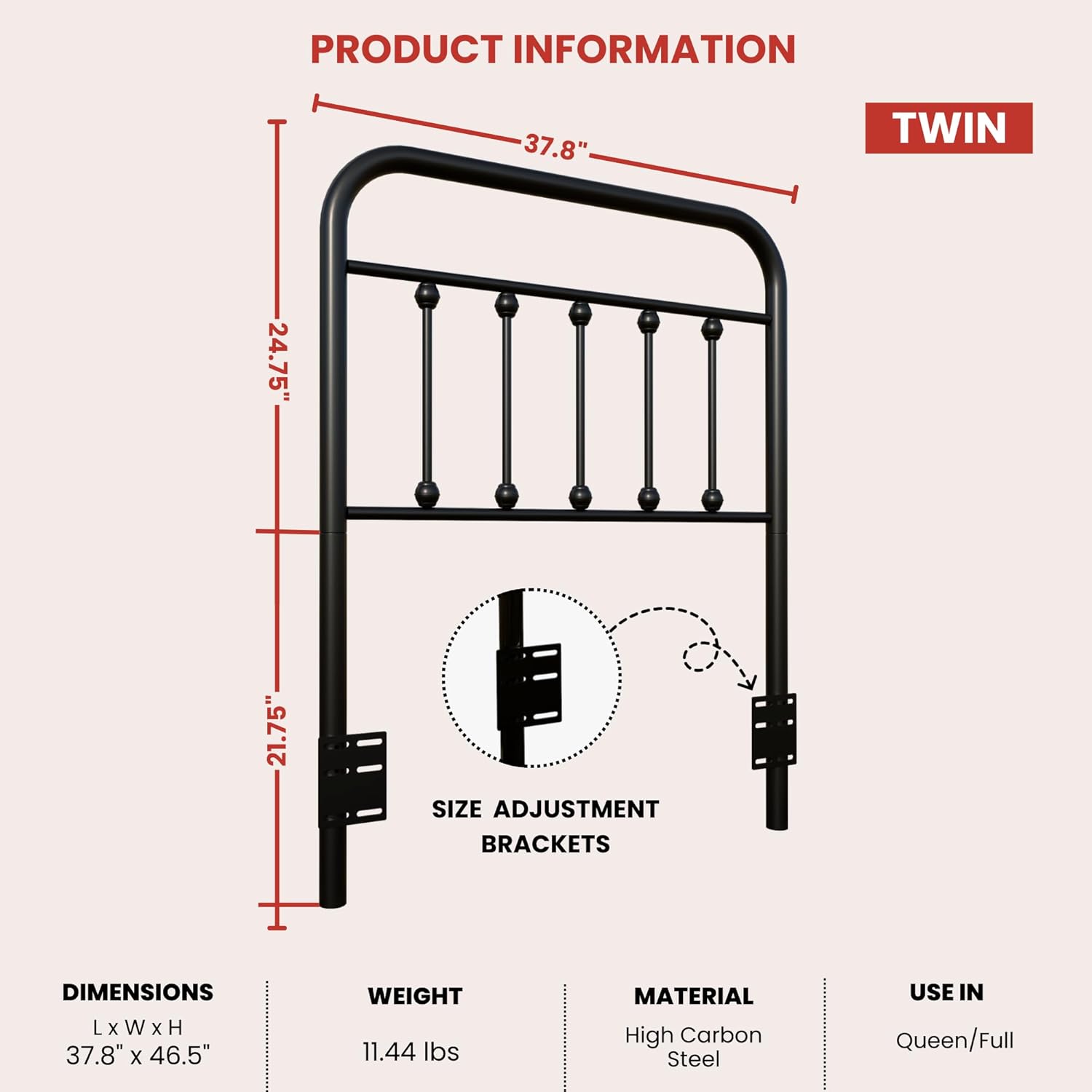 Vintage Twin Size Metal Bed Frame Height Adjustable Headboard Only, Wrought Iron Black Farmhouse Bed Frame Headboard, Easy Assembly, Short Clearance, Tall or Low Setting