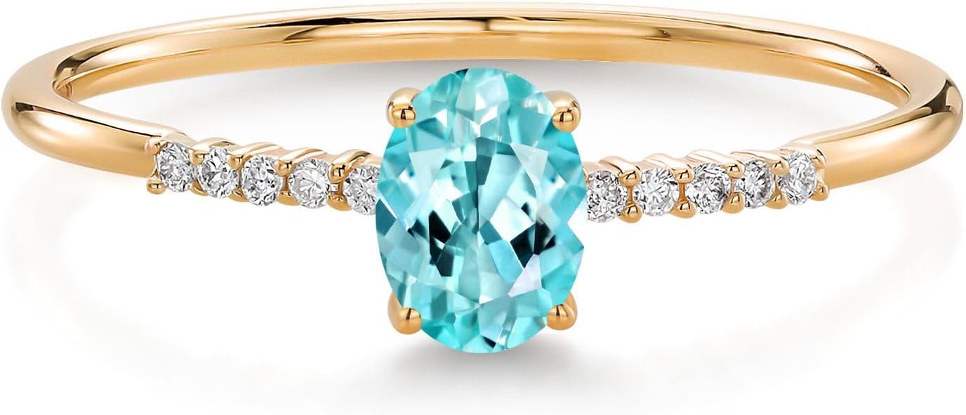 Gem Stone King 10K Yellow Gold Blue Apatite and Lab Grown Diamond Engagement Ring for Women | 0.57 Cttw | Oval 6X4MM | Gemstone Birthstone | Wedding Anniversary Promise Gold Ring