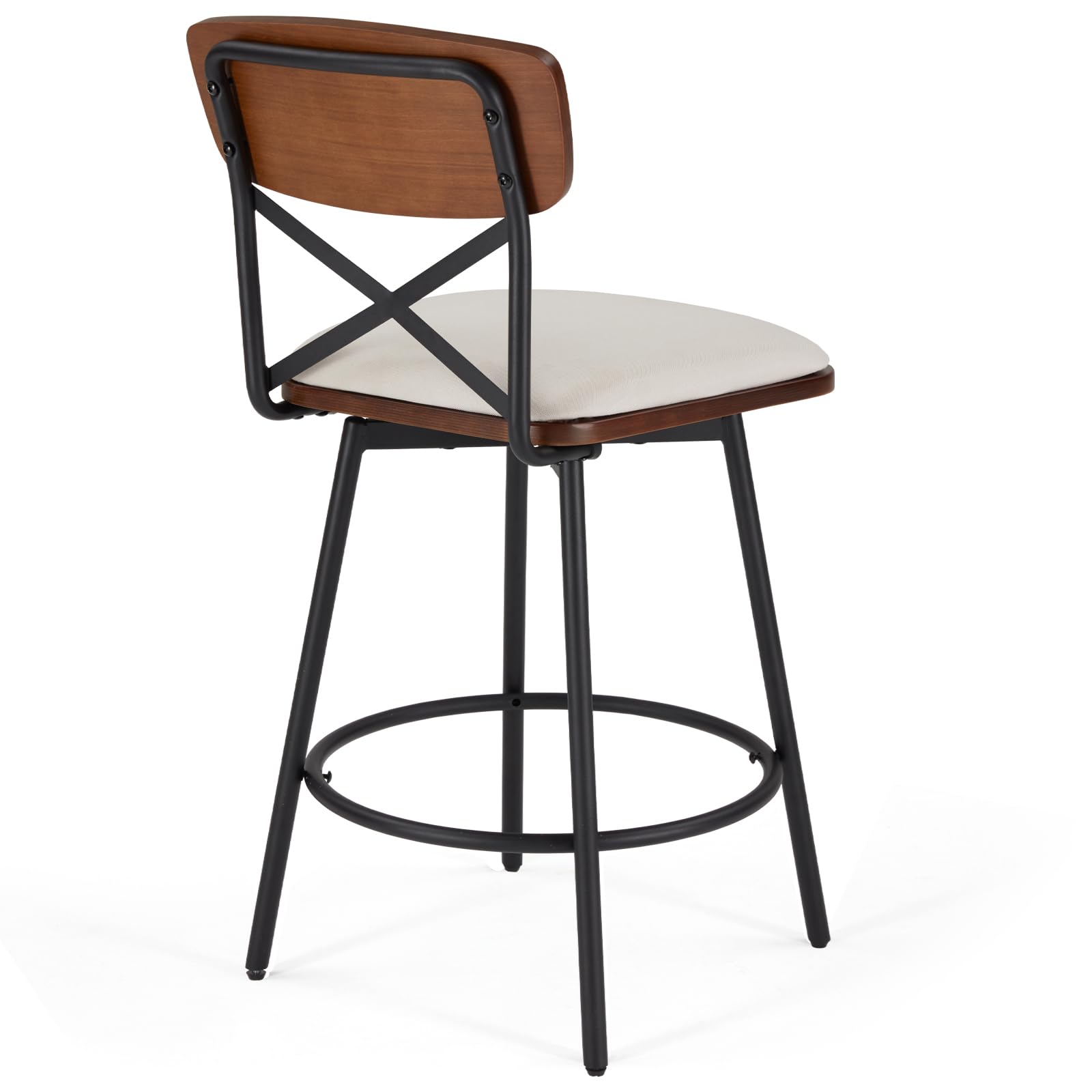 Set di 2 sgabelli da bar girevoli con schienale imbottito per isola da cucina, altezza seduta 66 cm, struttura in legno massiccio e metallo, tessuto crema