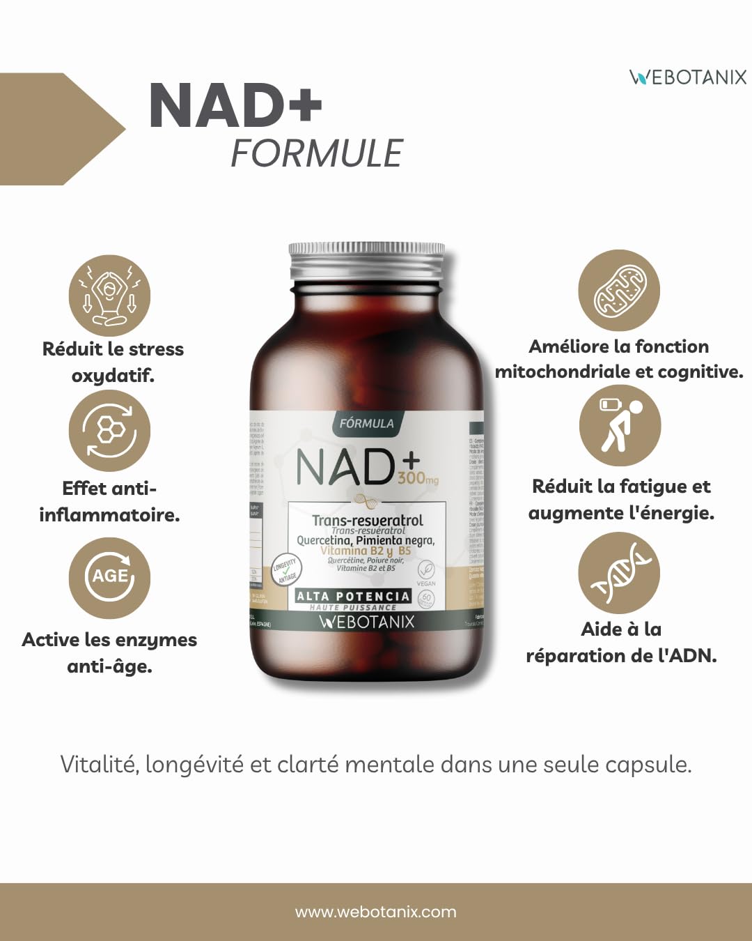WeBotanix | Formule NAD+ avec Trans-Resvératrol et Quercétine | 60 Gélules | Avec Vitamines B2 et B5 + Pipérine | Énergie Cellulaire, Réparation et Longévité | Sans Gluten | Végan