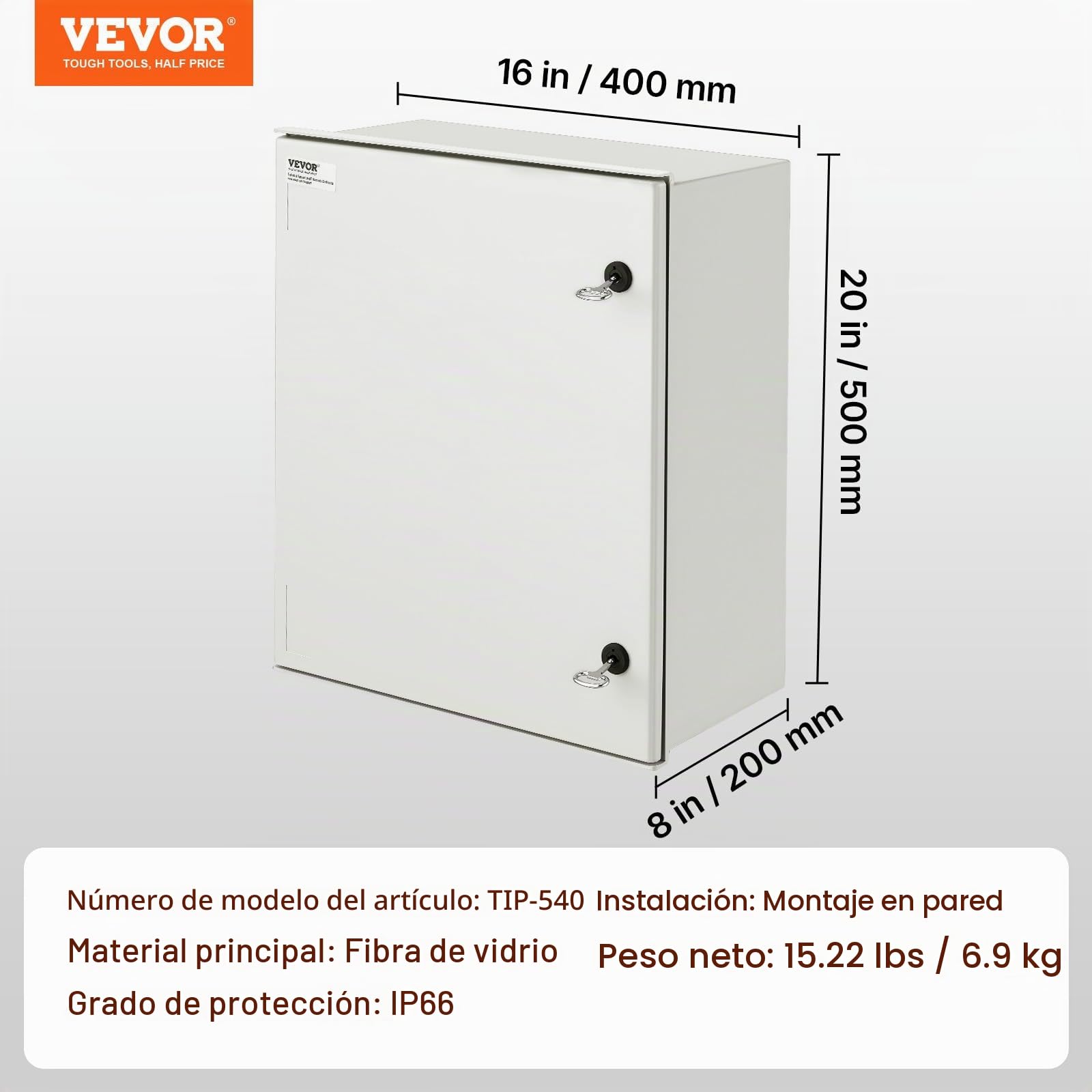 VEVOR Caja NEMA 50 x 40 x 20 cm Caja eléctrica de acero de fibra de vidrio Caja de conexiones con bisagras IP66 impermeable y a prueba de polvo para uso en interiores y exteriores con placa de montaje