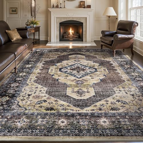 Engiw-5x7 Area Rugs for Living Room Rug Bedroom Rug Machine Washable Dining Room Rugs Carpet Neutral Farmhouse Vintage Brown Taupe Brown/Taupe 5' x 7' (Rectangular)
