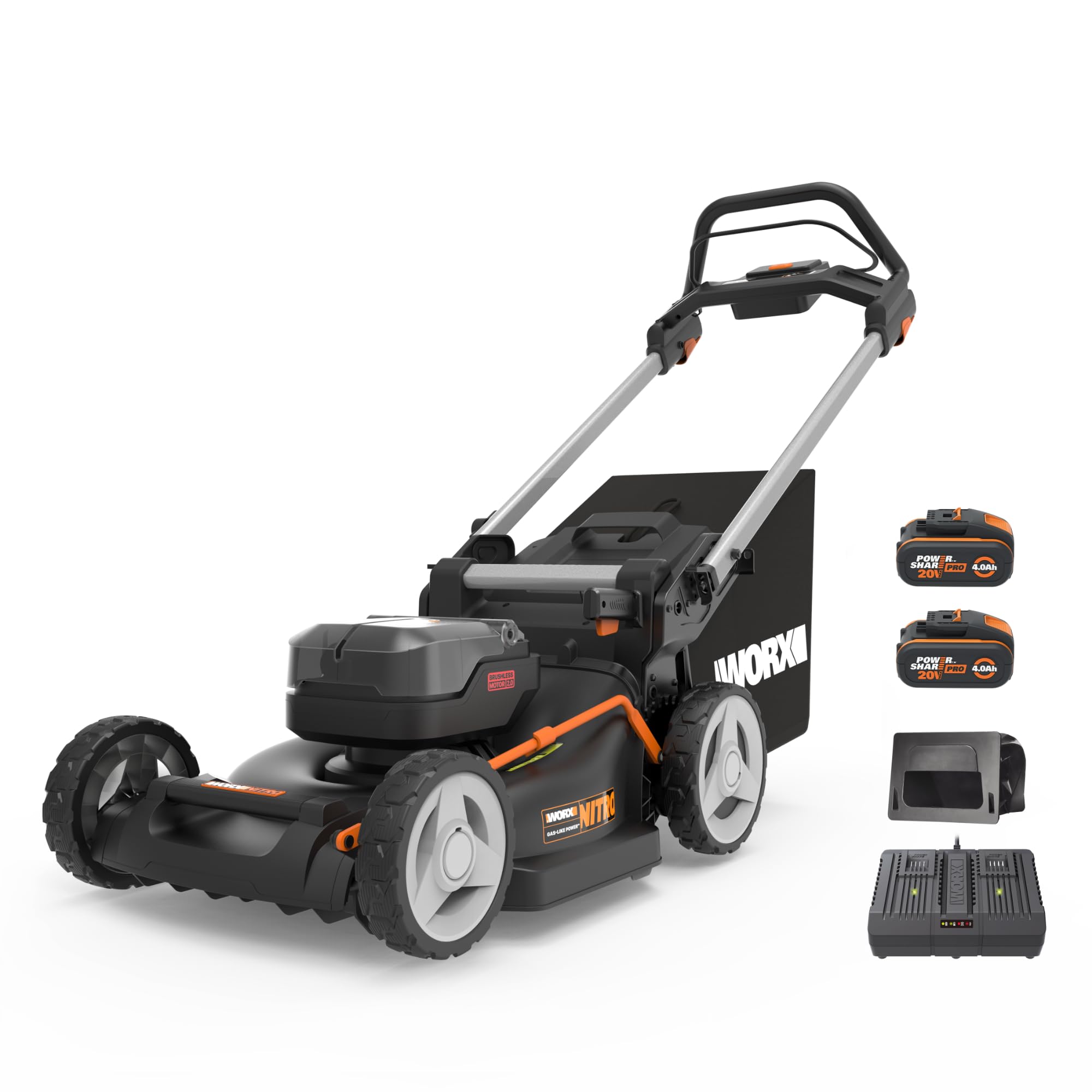WORX - Cortacésped sin escobillas inalámbrico 20V-2*20V -4Ah - WG748E - Ø46cm - Hasta 500m² con una carga (Corta hasta los bordes, entregado con 2 baterías, un cargador, bolsa de 55 L, mulching)