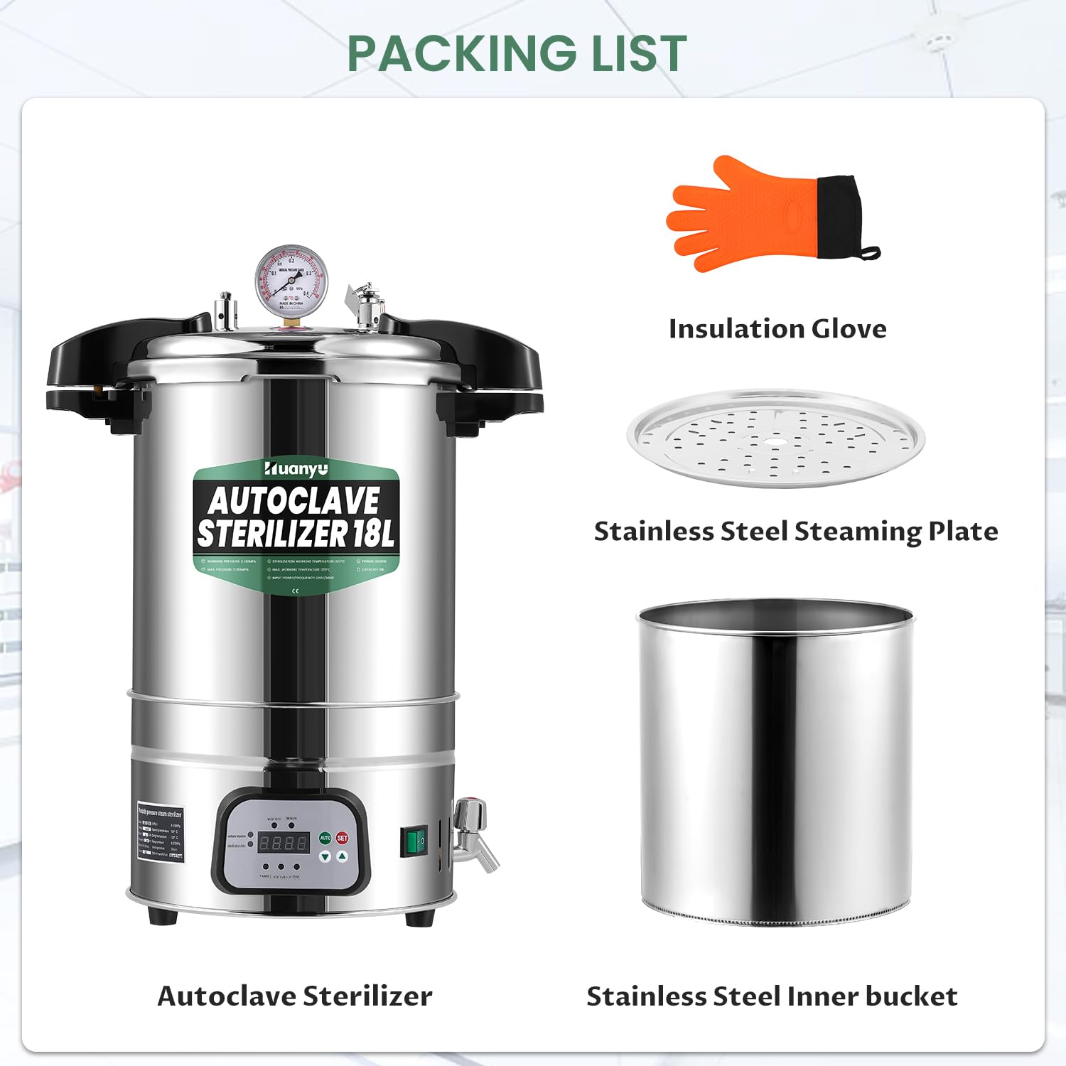 Huanyu 18L Autoclave Sterilizzatore Automatico a Vapore Controllo intelligente Laboratorio Autoclavi Elettriche Temperatura e Tempo Sterilizzatore a Vapore ad Alta Pressione Regolabile