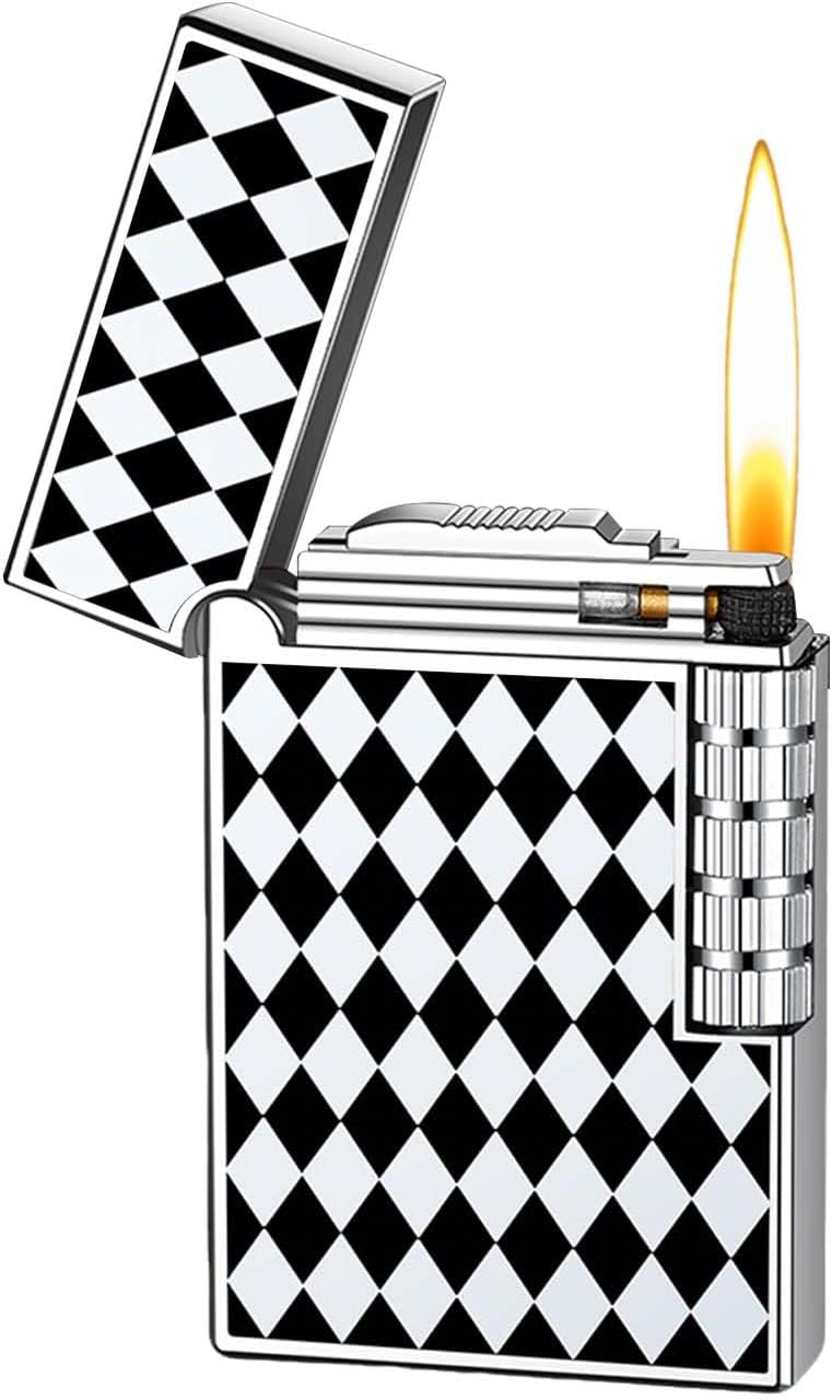 Classic Pocket Lighter Windproof Refillable Flip Lighters Vintage Cool Side Wheel Frosted Lighter Diamond Pattern Soft Flame Lighter for Outdoor/Indoor Novelty Lighters for Men (Free of Butane Gas)