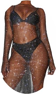 Women Rhinestone Mesh Dress Rhinestone Black Long Skirts See Through Fishnet Cover up Swimwear Rave Festival Bikini