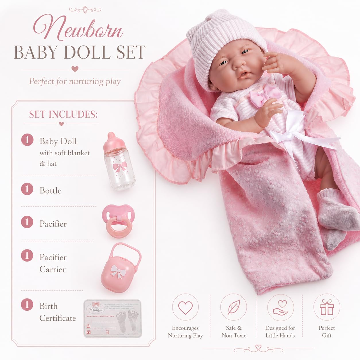 JC Toys 18780 La Newborn Soft Body Boutique Baby Doll, 39,8 cm, Rose
