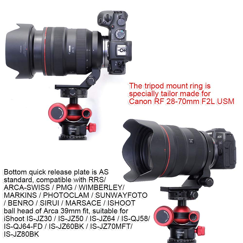 iShoot Supporto ad anello con supporto in metallo da 74,5 mm compatibile con Canon RF 28-70 mm f/2L USM, supporto per lenti e supporto per lenti è Arca-Swiss Fit piastra a sgancio rapido