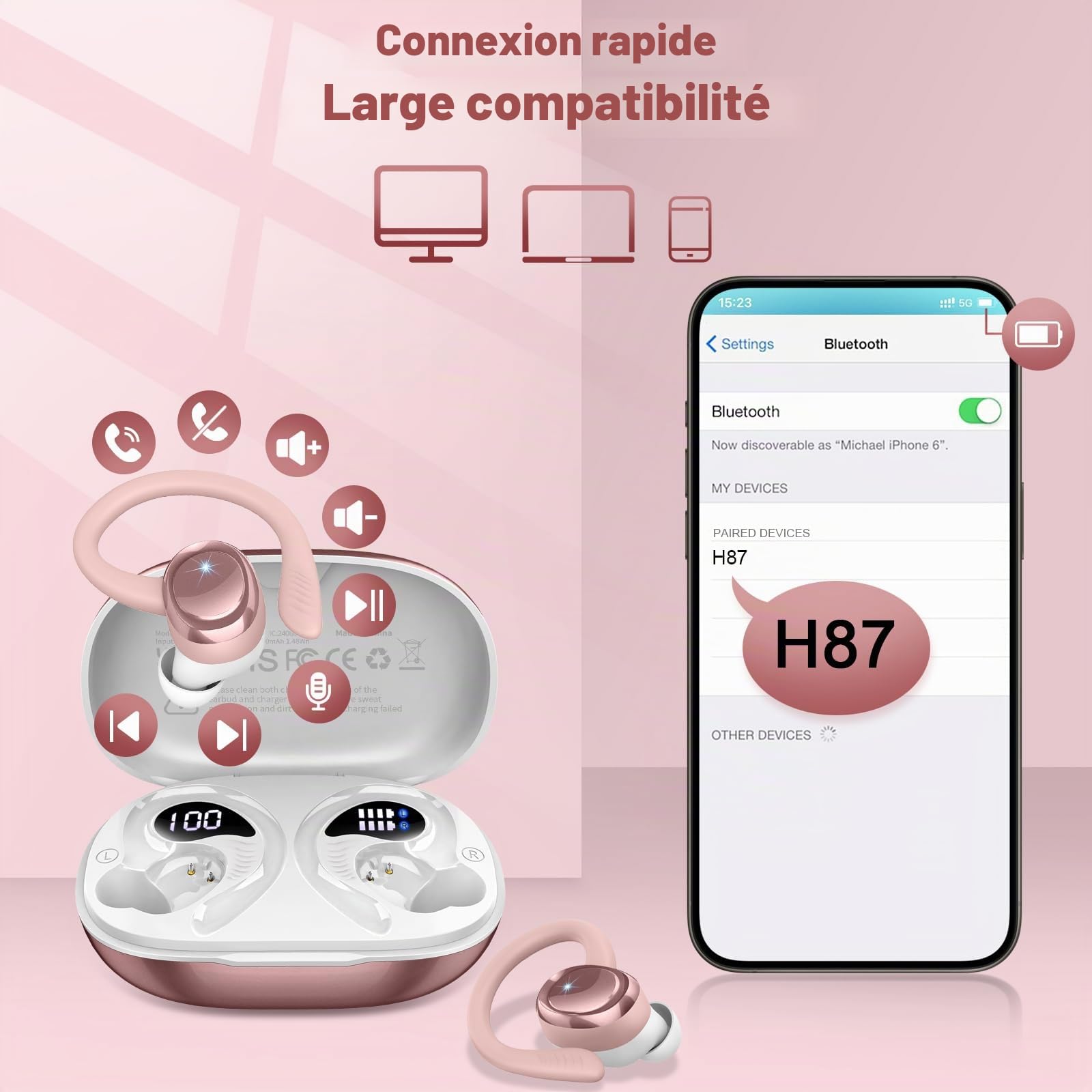 Ecouteurs Bluetooth sans Fil Sport, 2026 Écouteur Bluetooth 5.4 avec 4 ENC Mic, 60+Hrs Ecouteurs sans Fil HiFi Stéréo, IP7 Étanche Oreillette Bluetooth Running, USB-C Charge Rapide, Écran LED Casque
