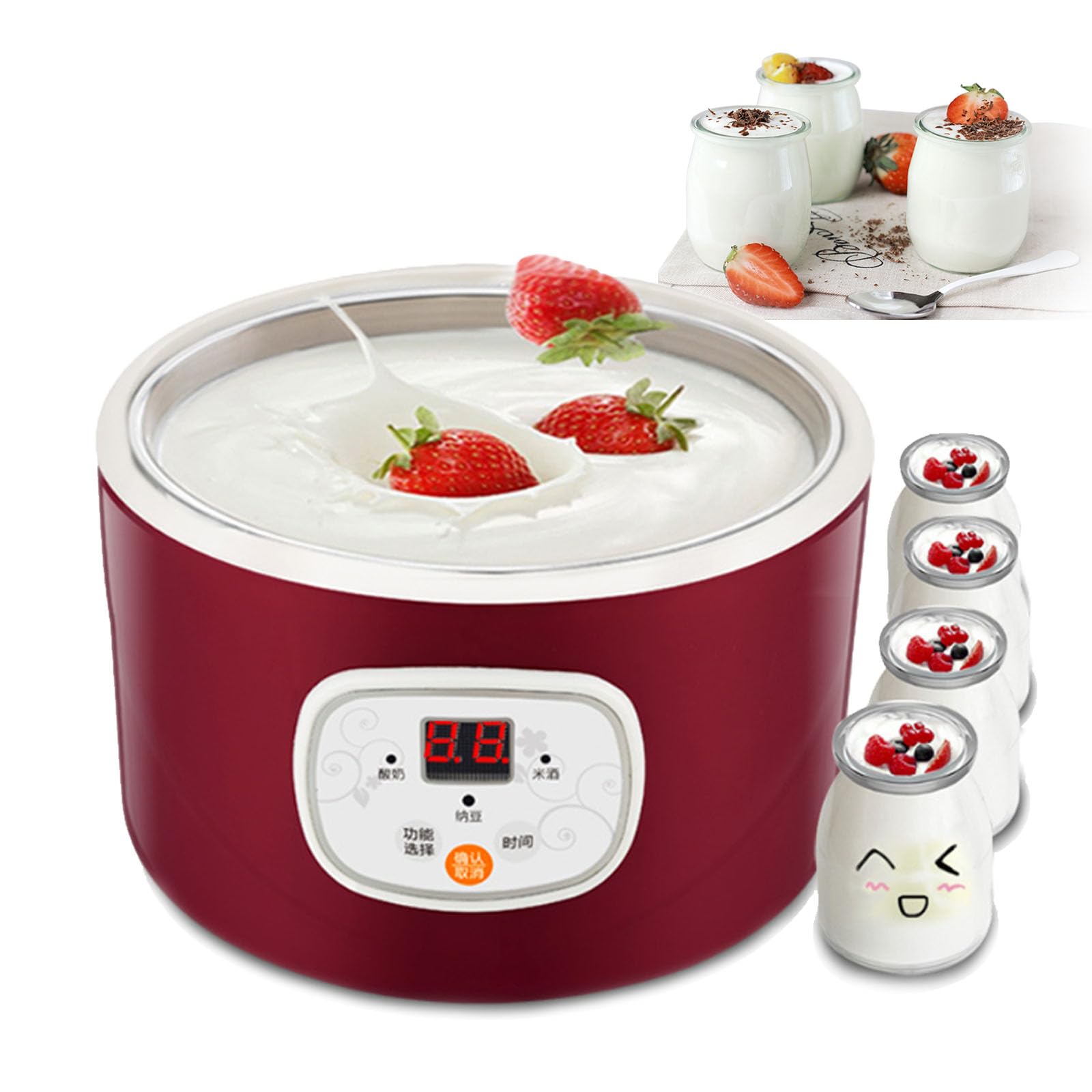 Yogurtera Totalmente Automática, Fermentación A Temperatura Constante De 42°, 2 Tipos: Recipiente De Acero Inoxidable + 4 Vasos De 100 Ml, Tiempo Ajustable, para Yogur Casero, Natto,A