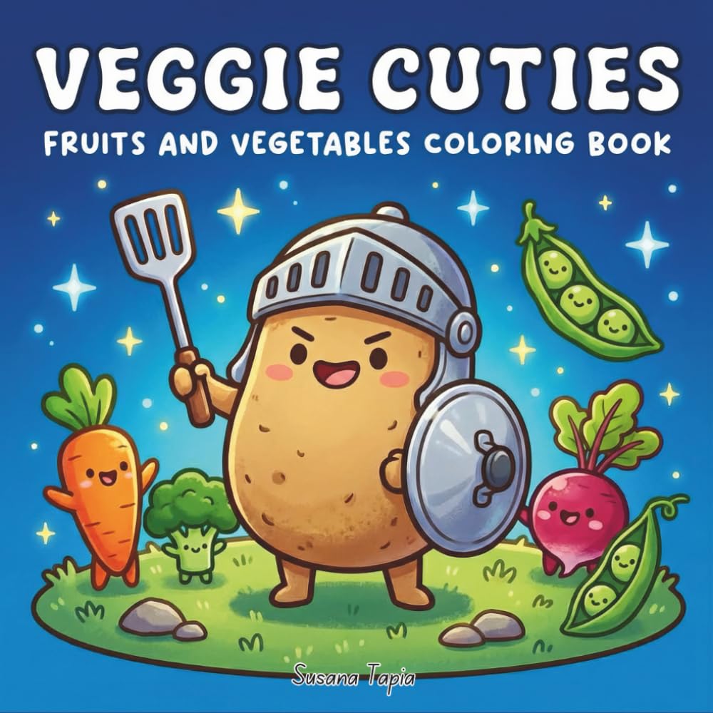 Veggie Cuties: Kawaii Fruits and Vegetables Coloring Book: 50 Enchanting Designs with Bold Easy Lines for Relaxation, Stress Relief, and Fun for Kids, Teens, and Adults