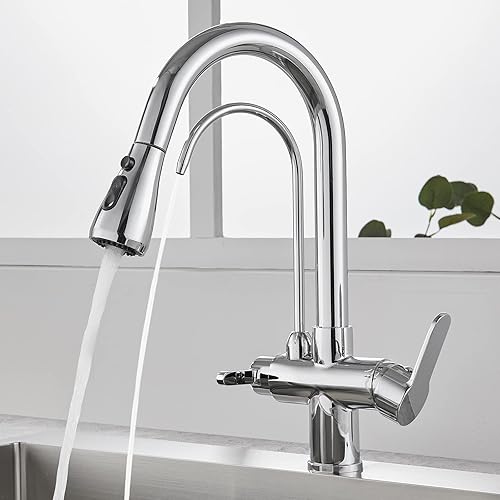 POPFLY Grifo de cocina con grifo de agua potable, grifo purificador de filtro de agua 3 en 1, rociador extraíble de 3 funciones, material de latón,