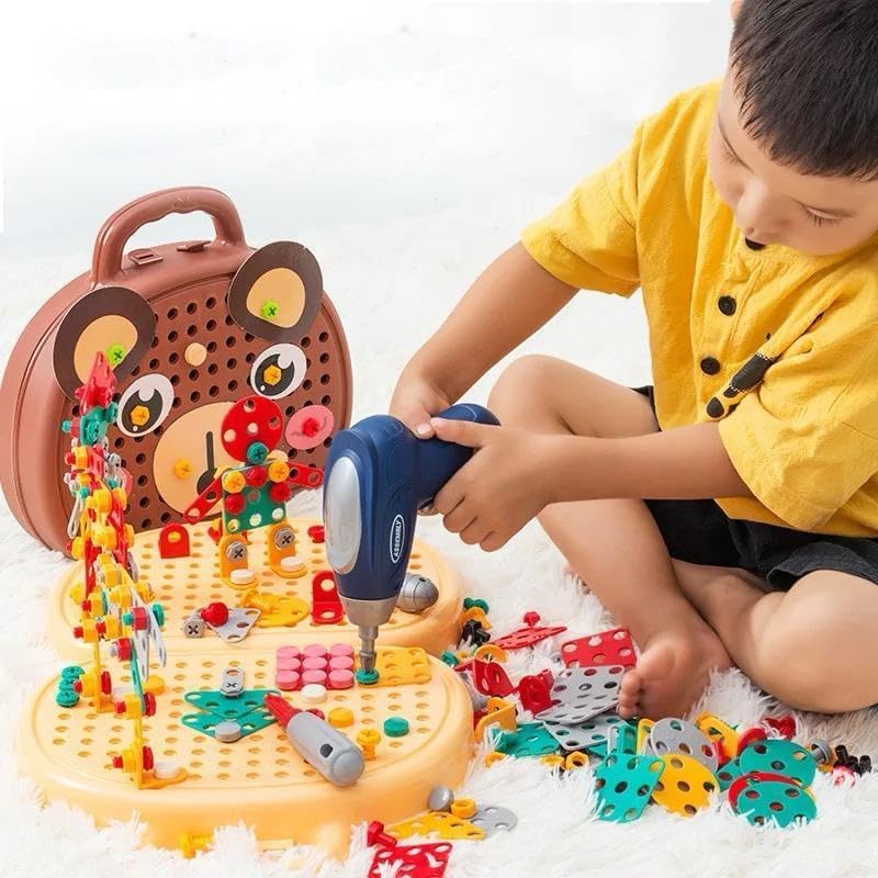 Image of Creative Toolbox with Toys Electric Drill Screwdriver Tool Set Creative Mosaic Puzzle Toy - 203 Pieces Electric Drill Toy & Rainbow Fasteners, STEM Building Set for Kids 3+ Years Old (Multicolor)