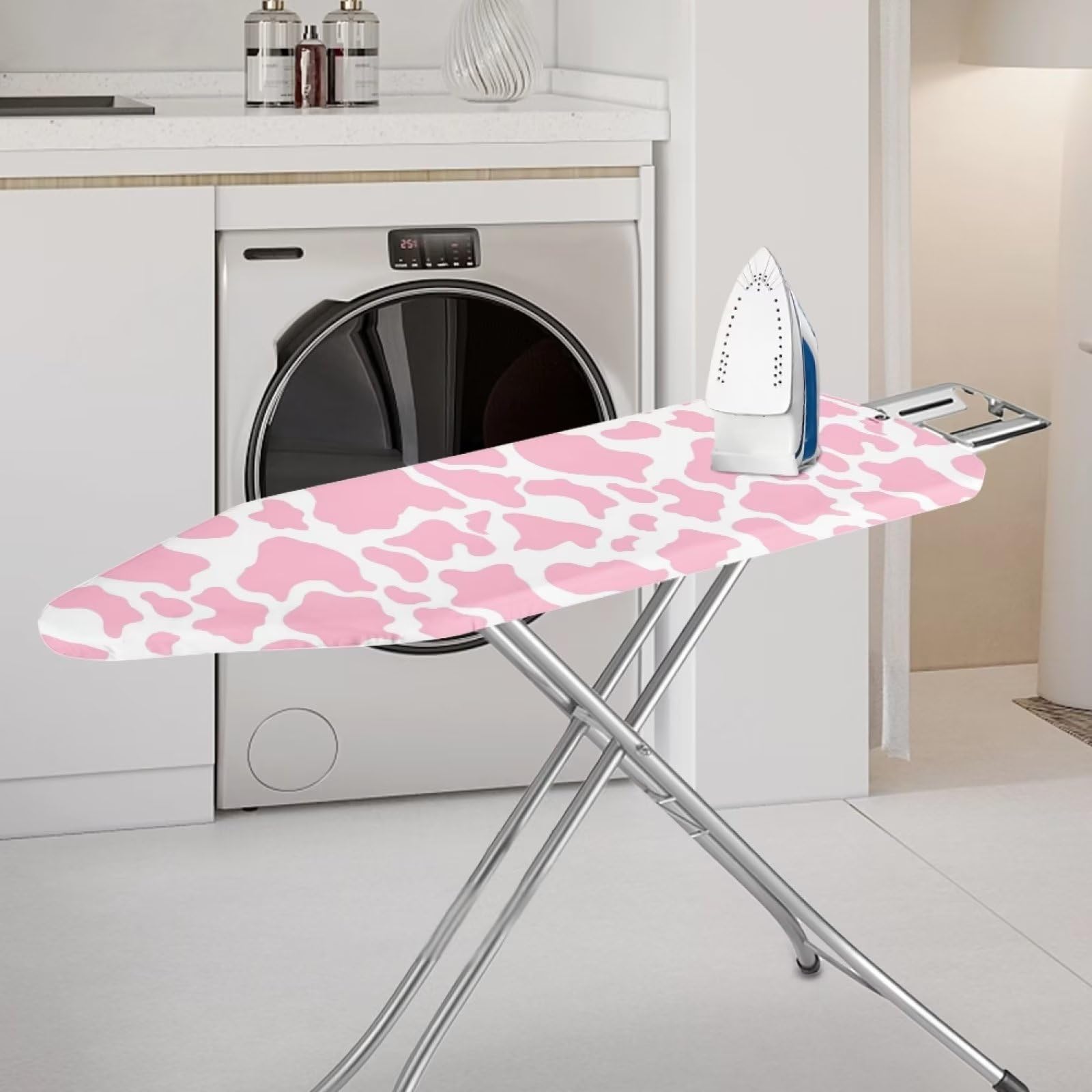 Dolyues Pink Cow Print Iron Board Cover Extra Thick Ironing Board Cover Heavy Duty Ironing Board Pad Protective Cover with Elastic Edge and Hook and Loop Fasteners, Easy to Install
