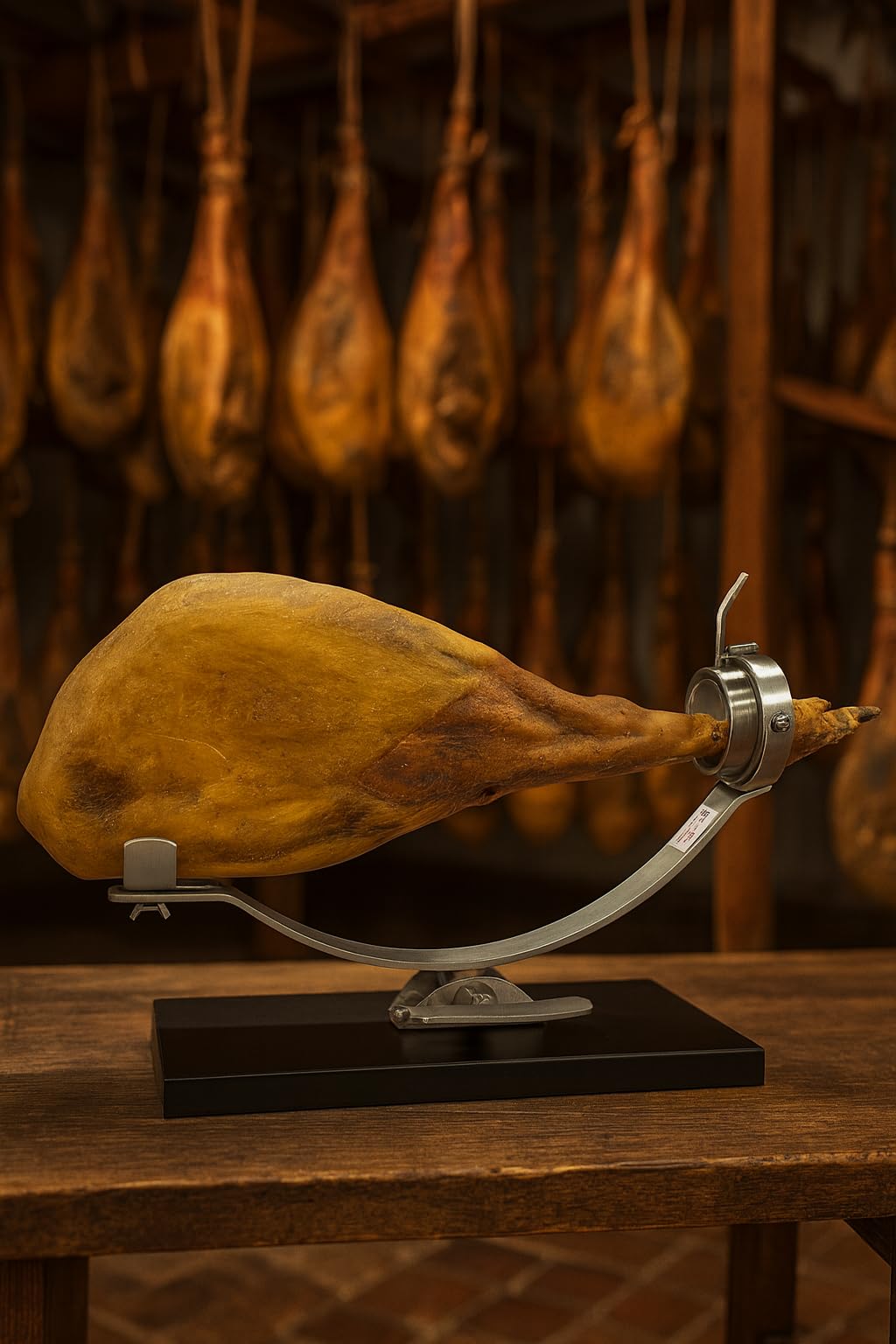 Flores Cortés 17928 Jamonero profesional O Soporte Jamonero, Plateado acero INOX con base de fibra NEGRA + set de CORTE CUCHILLO Y CHAIRA ARCOS NIZA + pinza + CUBRE JAMON LepantoHouse