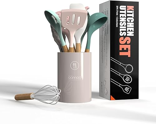 Miniatura 40 de Juego de utensilios de cocina de silicona, resistentes al calor, espátula, tornillo, pinzas, cuchara, cepillo, batidor, mango de madera, utensilios