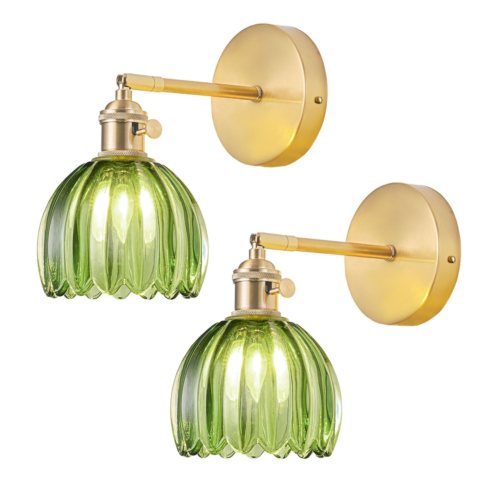 Apliques de Pared Set de Dos con Cableado Fijo, Aplique Pared Vintage con Pantalla de Vidrio Verde de Tulipán, Apliques para Baño con Interruptor, Dorado Apliques Pared Set de 2, Bombilla no Incluida