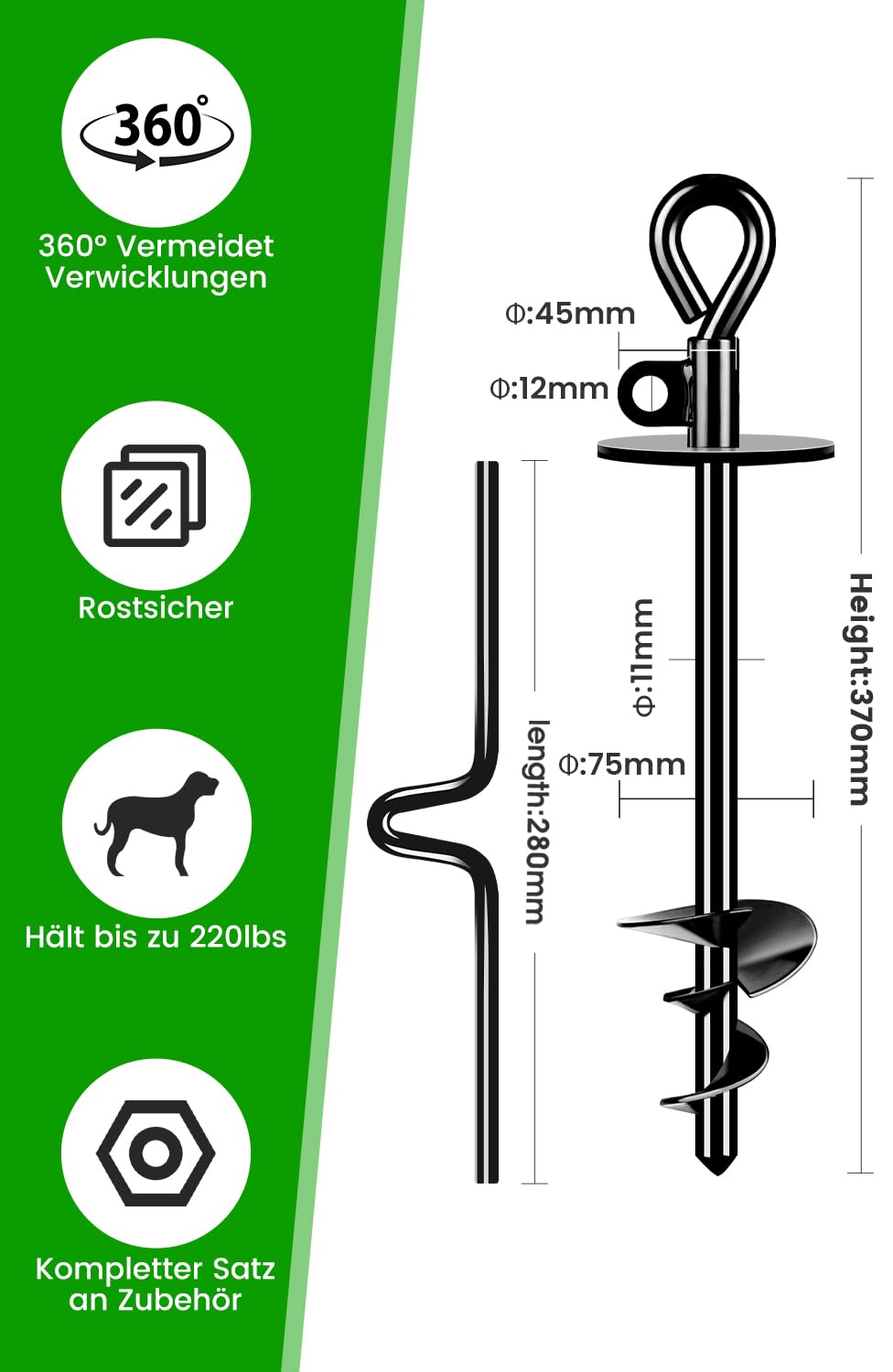Piquet Chien Exterieur Pro jusqu'à 100 KG, Piquet Ancrage Système Antirouille Mise à Niveau, Ancrage au Sol Chien avec Rotation à 360°, Piquets d'ancrage Adapté à pour la Cour, Le Camping, la Plage