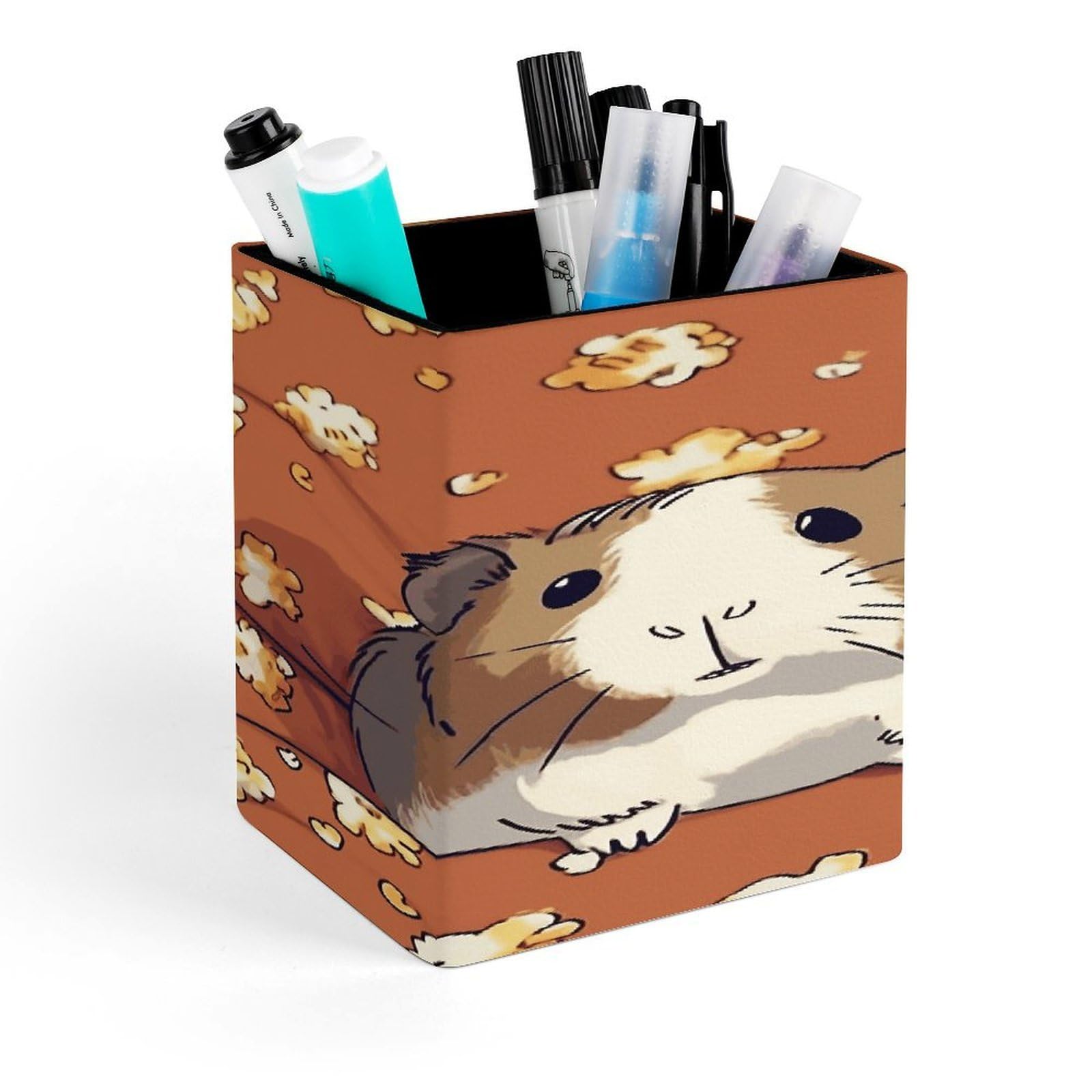 FekiLoot Guinea Pig And Popcorn Pen Holder for Desk Minimalist Leather Pencil Holder Fashion Modern Pencil Cup Decorative Square Pen Cup Locker Organizer for Office Work Locker Accessories